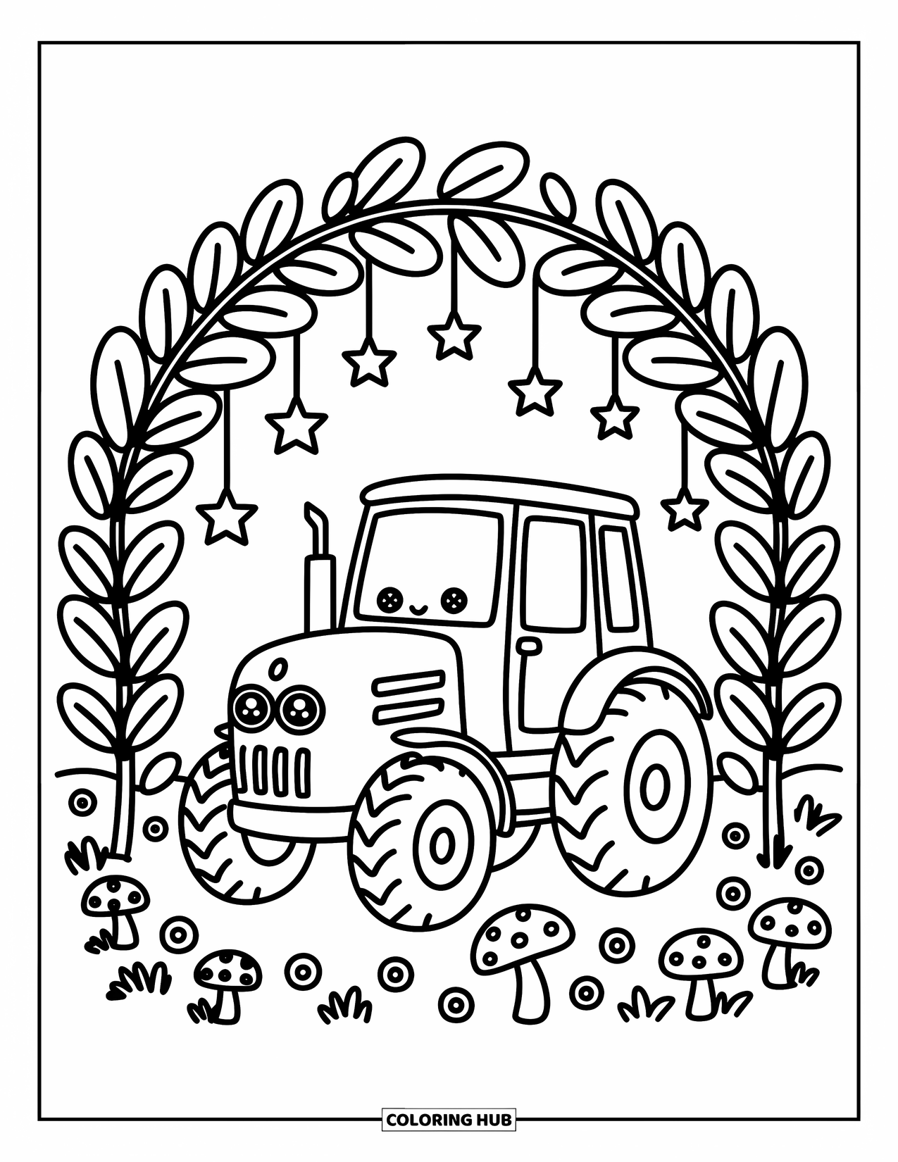 Dibujo de tractor para colorear para adultos: Un tractor juguetón descansa bajo un arco frondoso con estrellas colgantes y pequeños champiñones alrededor