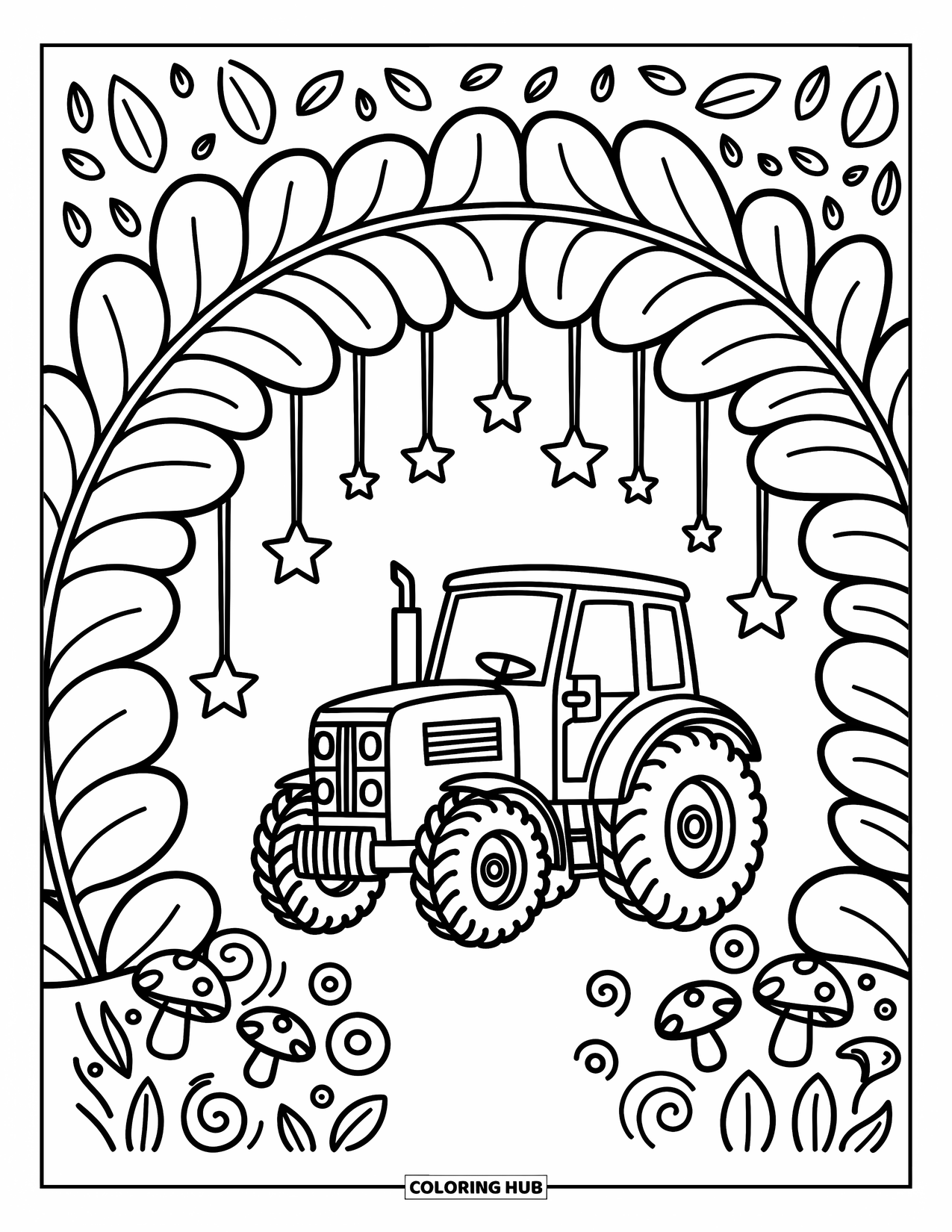 Dibujo de tractor para colorear para adultos: Un tractor juguetón se sienta debajo de arcos frondosos y estrellas colgantes con champiñones en el suelo