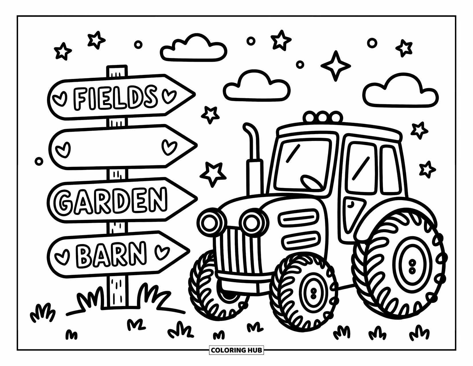 Dibujo de tractor para colorear para adultos: Un tractor juguetón se sienta cerca de un letrero de granja que apunta a campos, jardín y granero