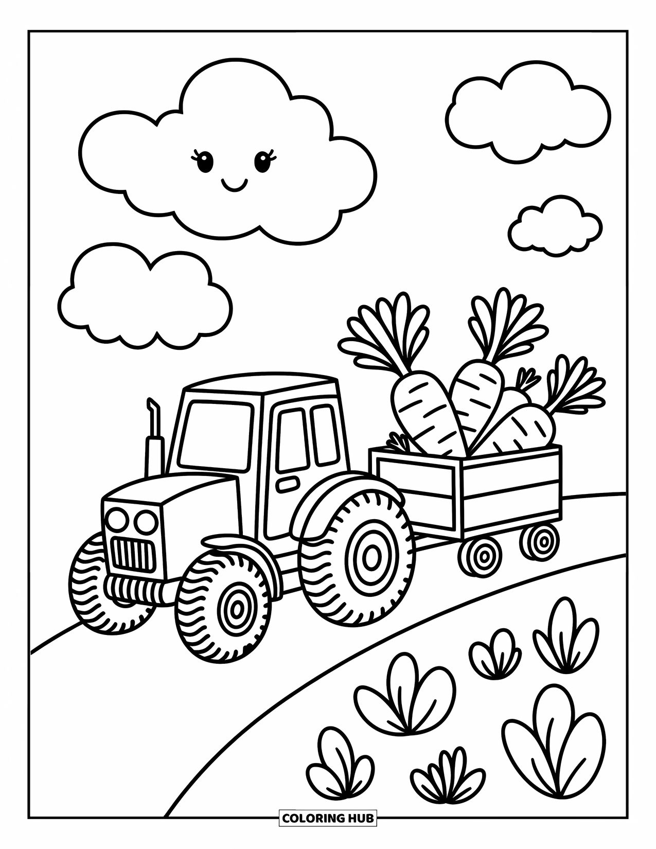 Dibujo de tractor para colorear para adultos: Un tractor juguetón con ruedas gorditas tira de un carro de grandes zanahorias y rábanos