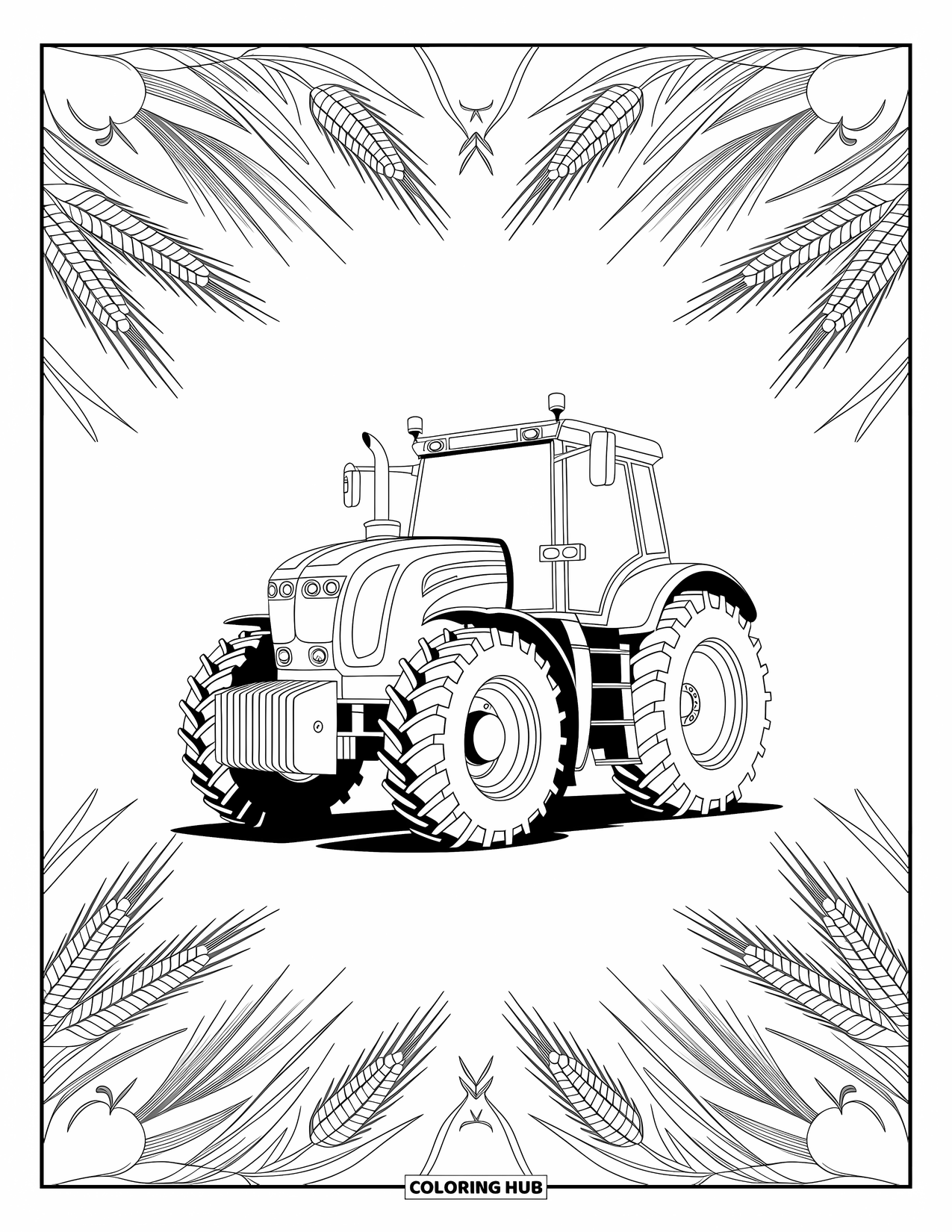 Dibujo de tractor para colorear para adultos: Un tractor robusto se encuentra dentro de diseños de cosecha detallados llenos de elementos de maíz y trigo