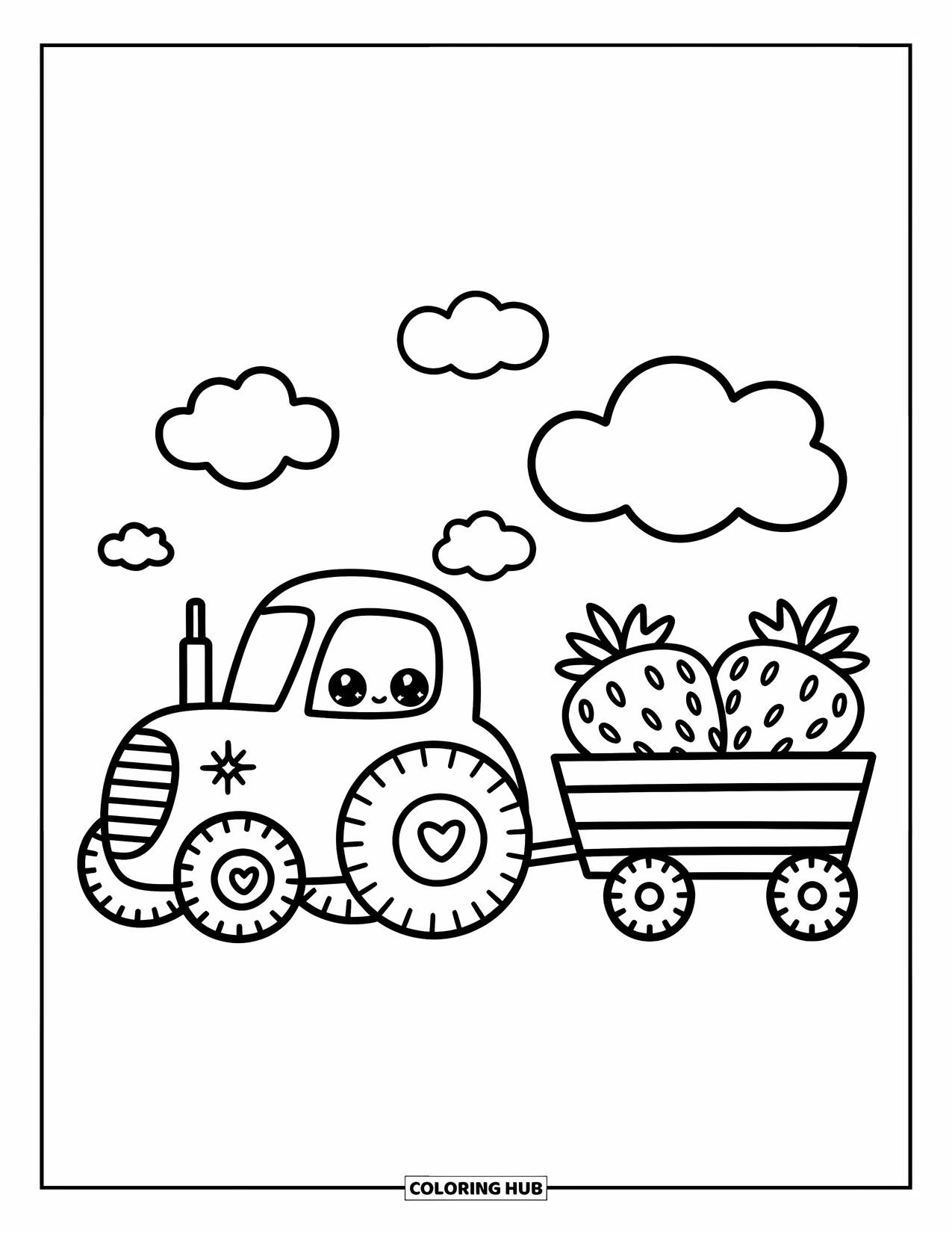 Dibujo de tractor para colorear para adultos: Un tractor redondo con ruedas en forma de corazón tira de fresas bajo juguetonas nubes arremolinadas