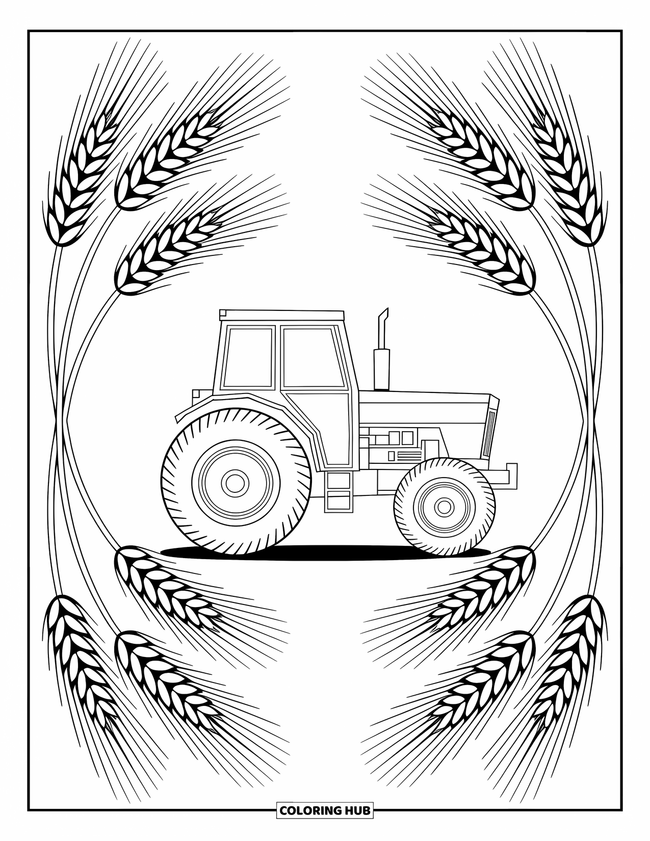 Dibujo de tractor para colorear para adultos: Un tractor de vista lateral se encuentra entre diseños detallados de trigo y cebada