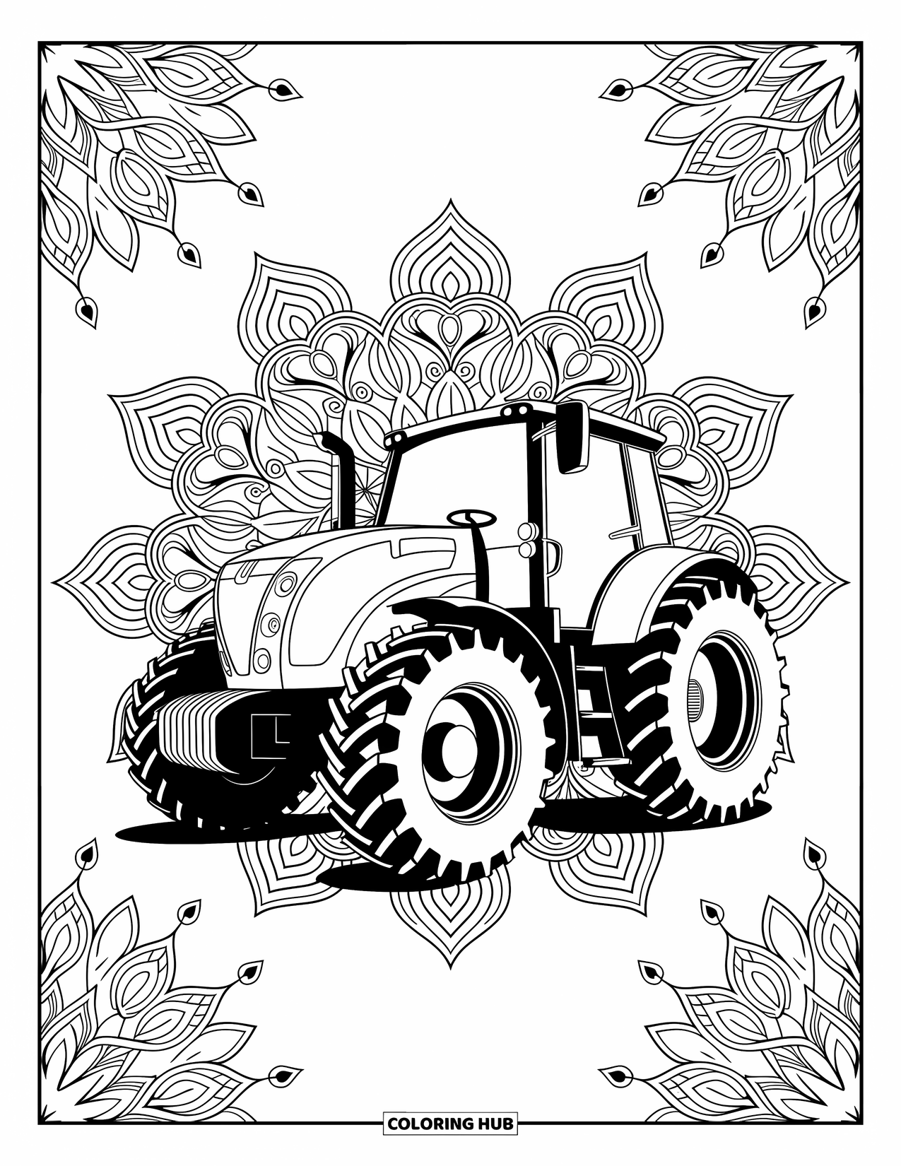 Dibujo de tractor para colorear para adultos: Un tractor elegante con engranajes mecánicos se encuentra contra patrones de mandala arremolinados
