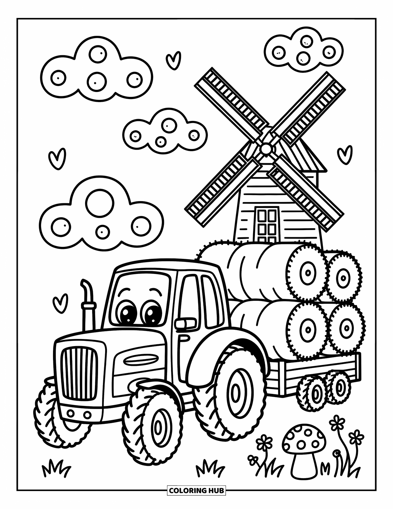 Dibujo de tractor para colorear para adultos: Un tractor sonriente lleva balas de heno cerca de un molino de viento con pequeños champiñones alrededor