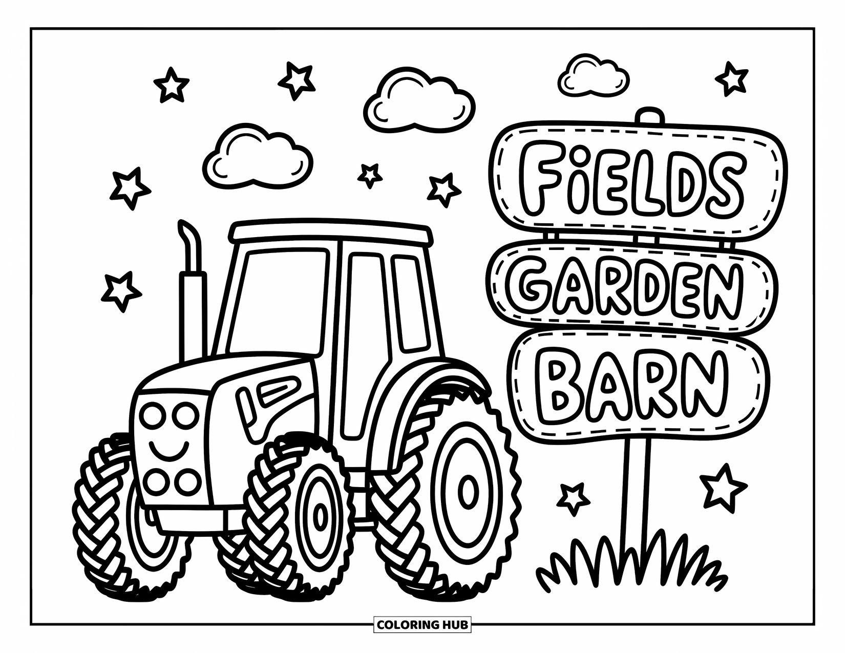 Dibujo de tractor para colorear para adultos: Un tractor sonriente está estacionado junto a un letrero de granja burbujeante con nubes flotantes y formas de estrellas