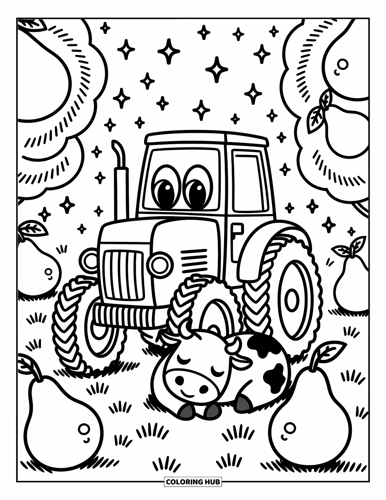 Dibujo de tractor para colorear para adultos: Un tractor sonriente está estacionado cerca de árboles de peras arremolinados con una vaca durmiendo debajo