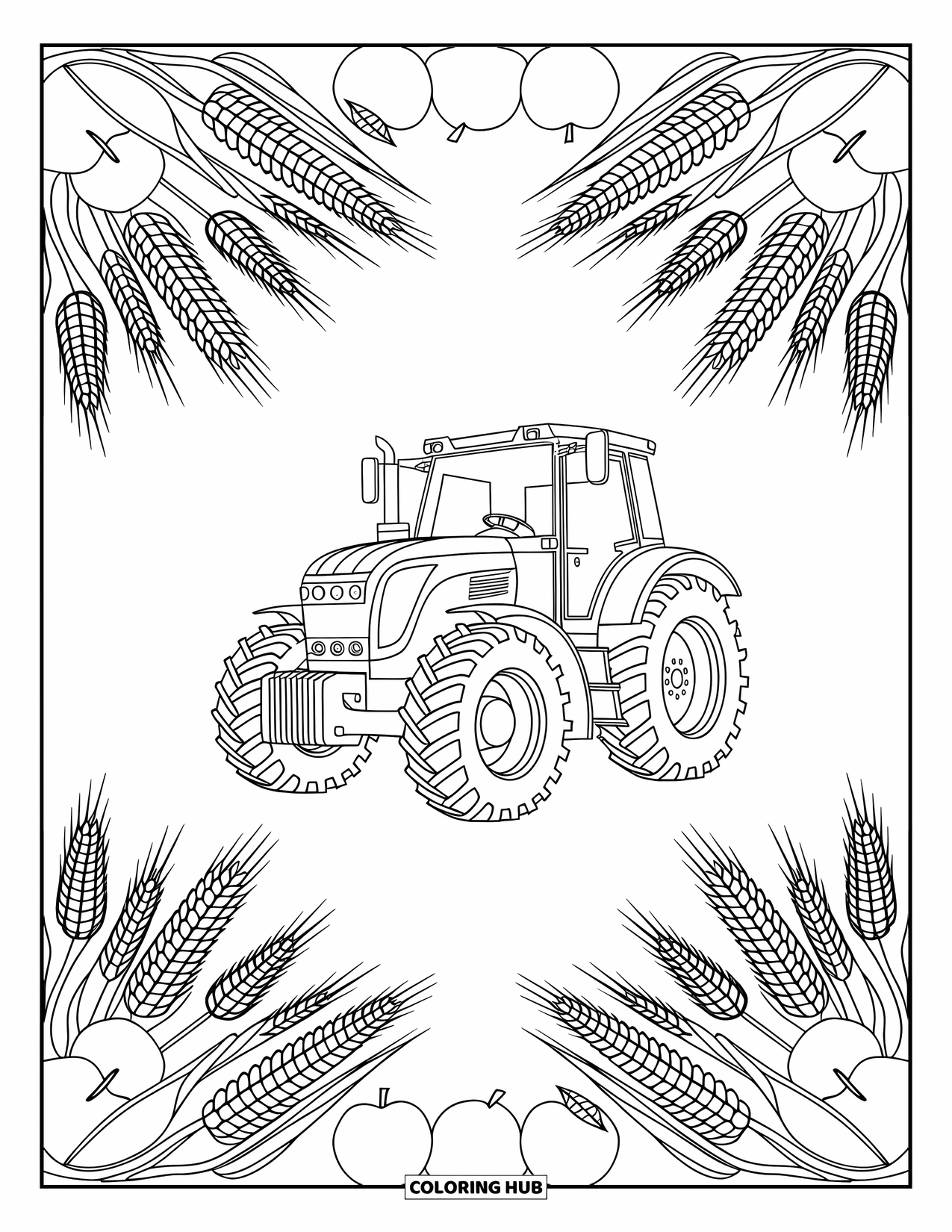 Dibujo de tractor para colorear para adultos: Un tractor robusto está enmarcado por elementos de cosecha detallados como maíz, manzanas y trigo