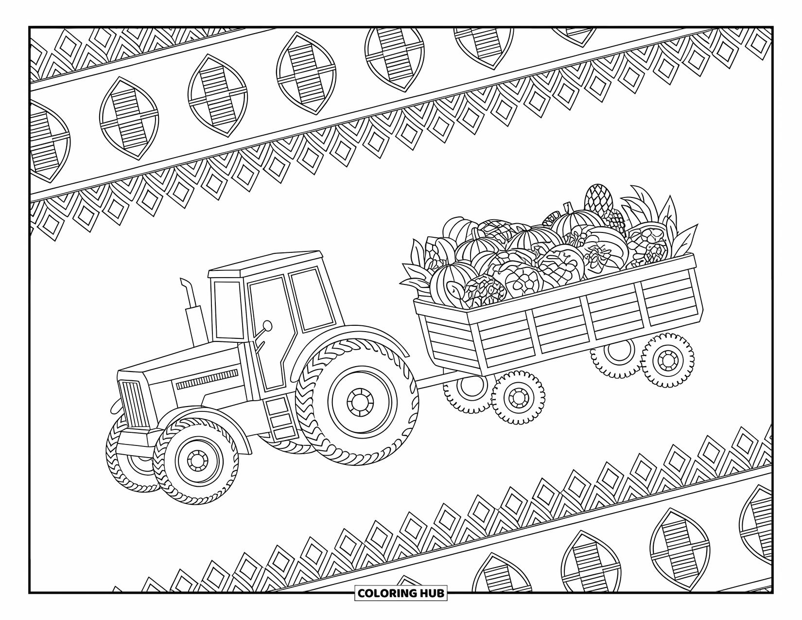 Dibujo de tractor para colorear para adultos: Un tractor transporta un vagón de cestas estampadas rodeado de intrincados diseños