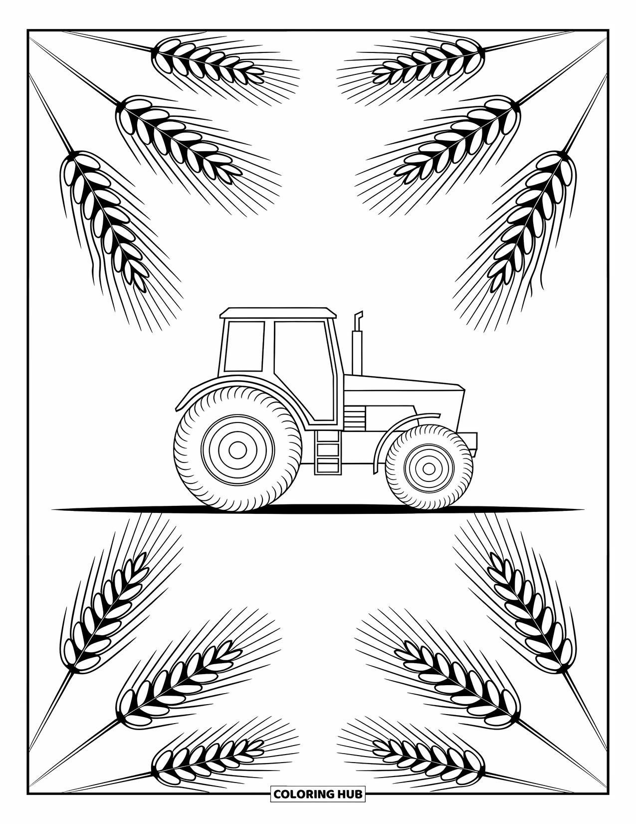 Dibujo de tractor para colorear para adultos: Un tractor en vista lateral está enmarcado por patrones simétricos de trigo y cebada