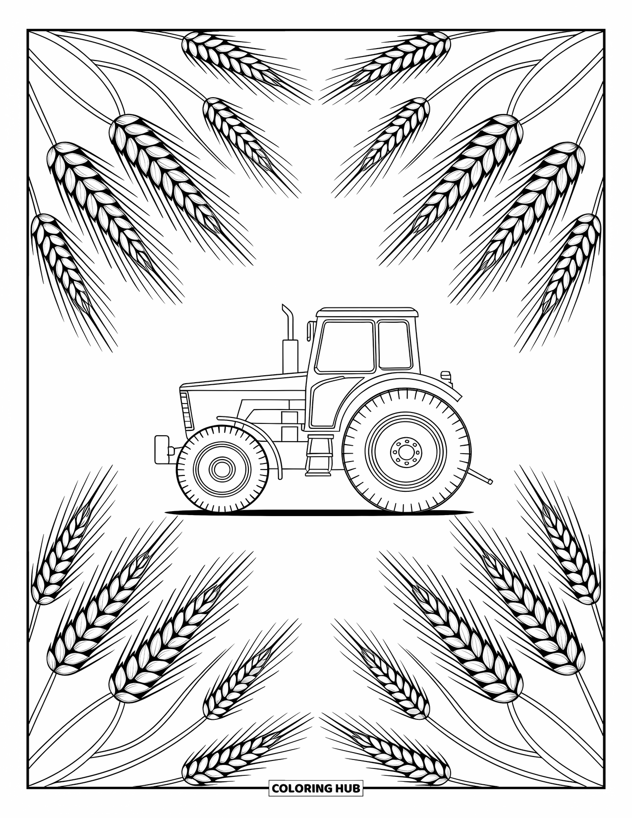 Dibujo de tractor para colorear para adultos: Un tractor está rodeado de patrones arremolinados de trigo y cebada