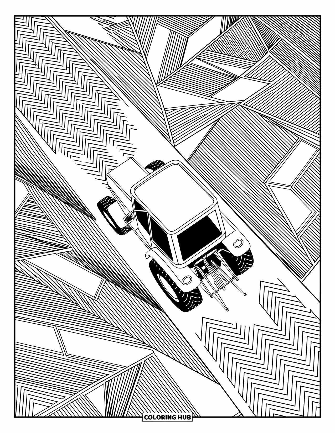 Dibujo de tractor para colorear para adultos: Un tractor se mueve a través de campos estampados