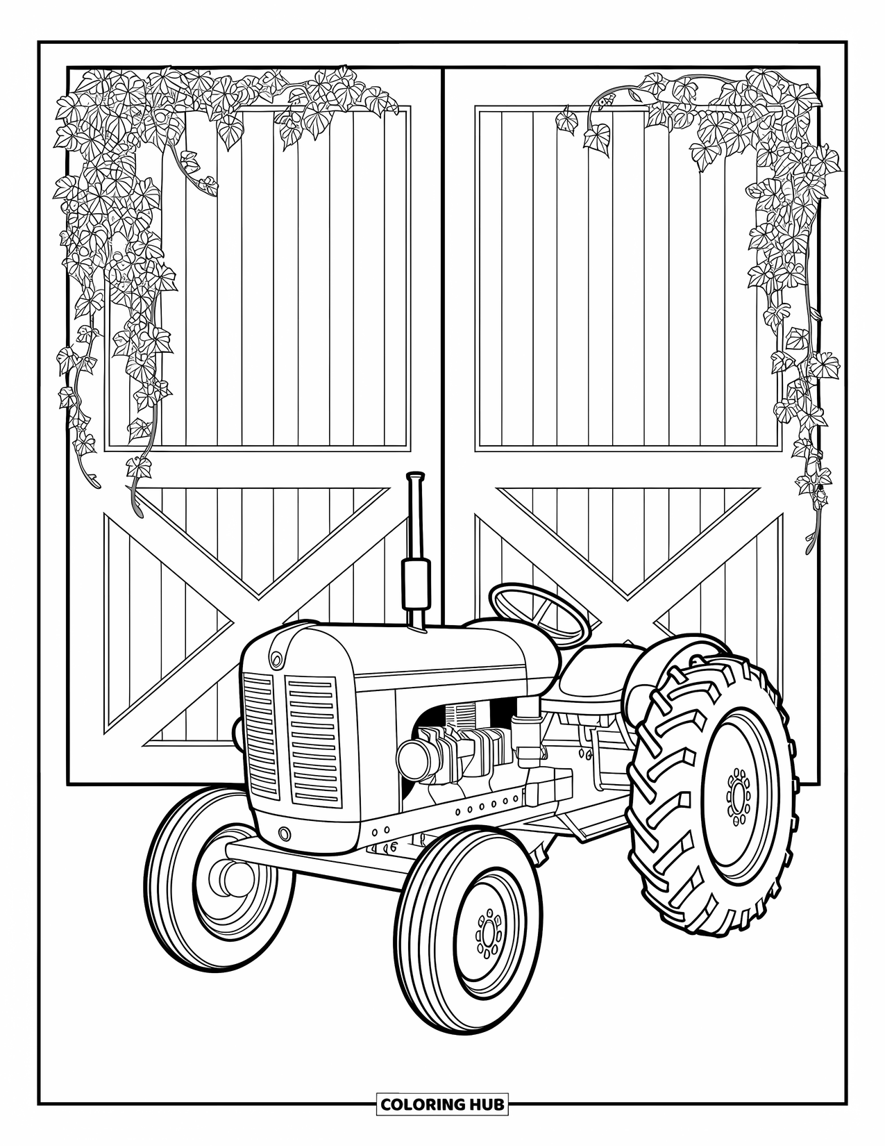 Dibujo de tractor para colorear para adultos: Un tractor se encuentra frente a la puerta de un granero con hiedra trepadora y detalles de madera