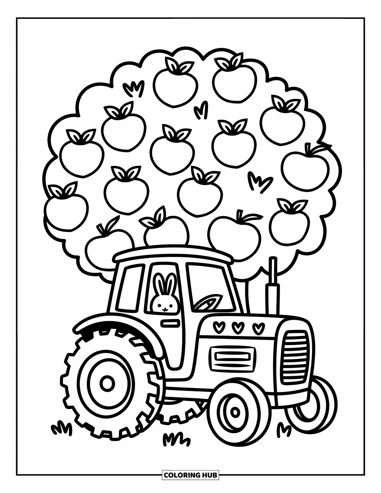 Dibujo de tractor para colorear para adultos: Un tractor con pequeños corazones se encuentra debajo de un manzano mientras un conejito asoma