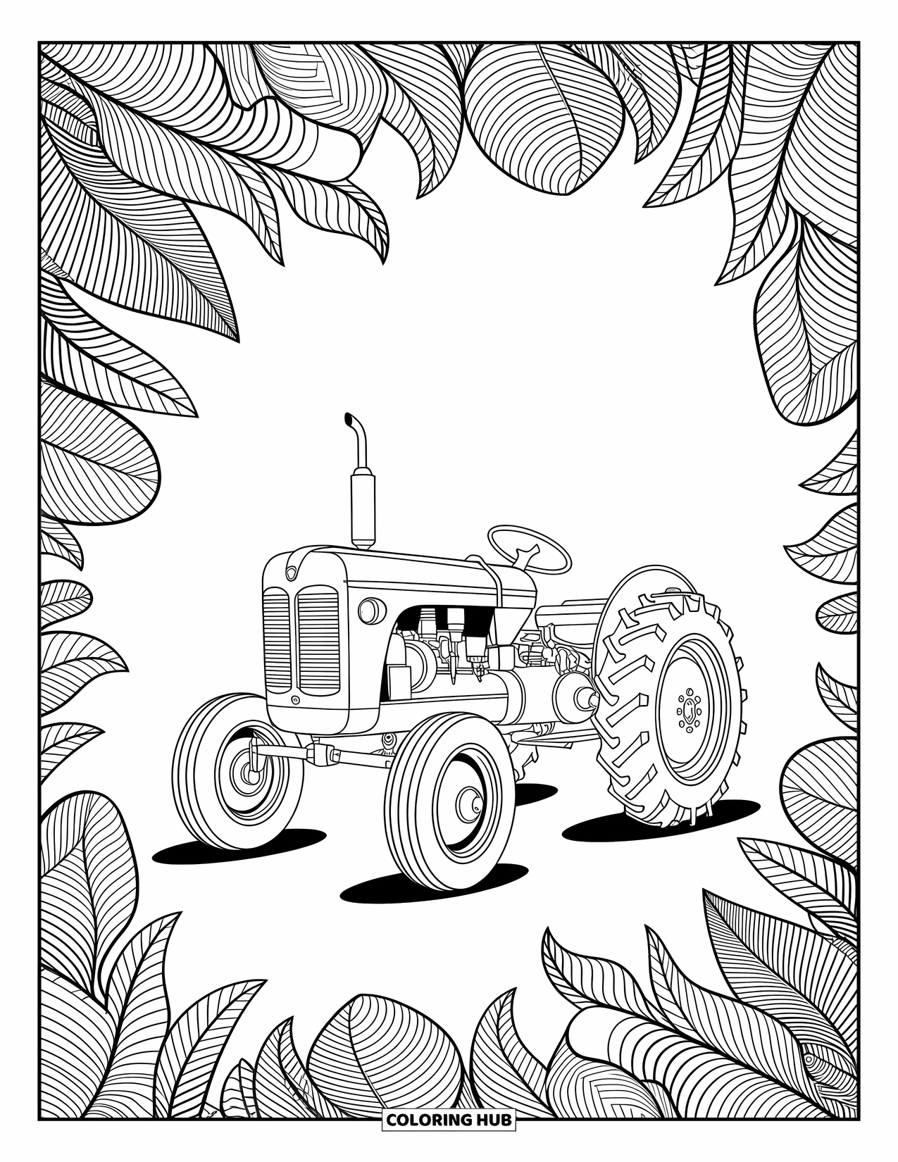Dibujo de tractor para colorear para adultos: Un tractor antiguo descansa dentro de un marco de ramas rizadas y hojas en capas