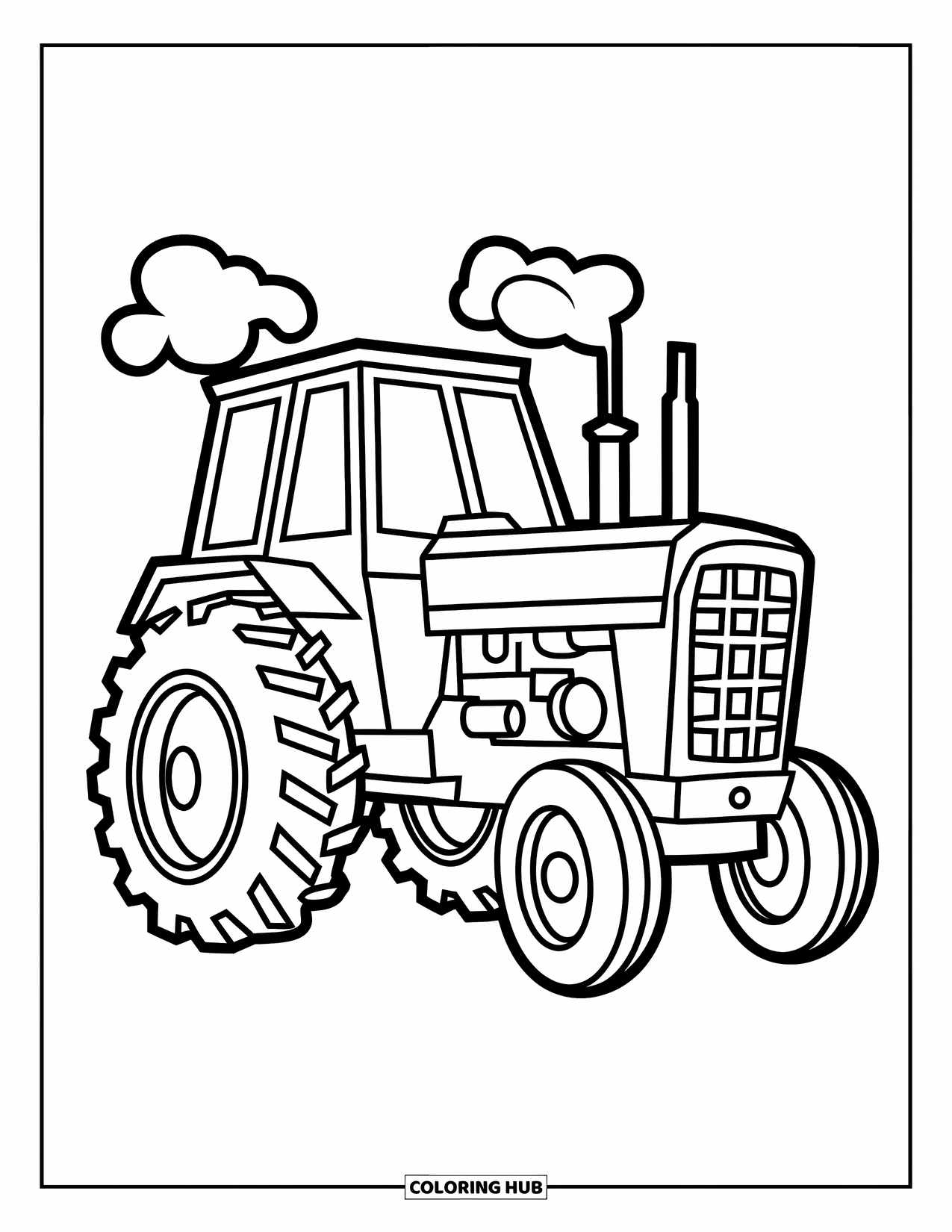 Dibujo de tractor para colorear para niños: Un tractor básico de vista lateral con un motor con patrón de cuadrícula tiene humo flotando hacia arriba