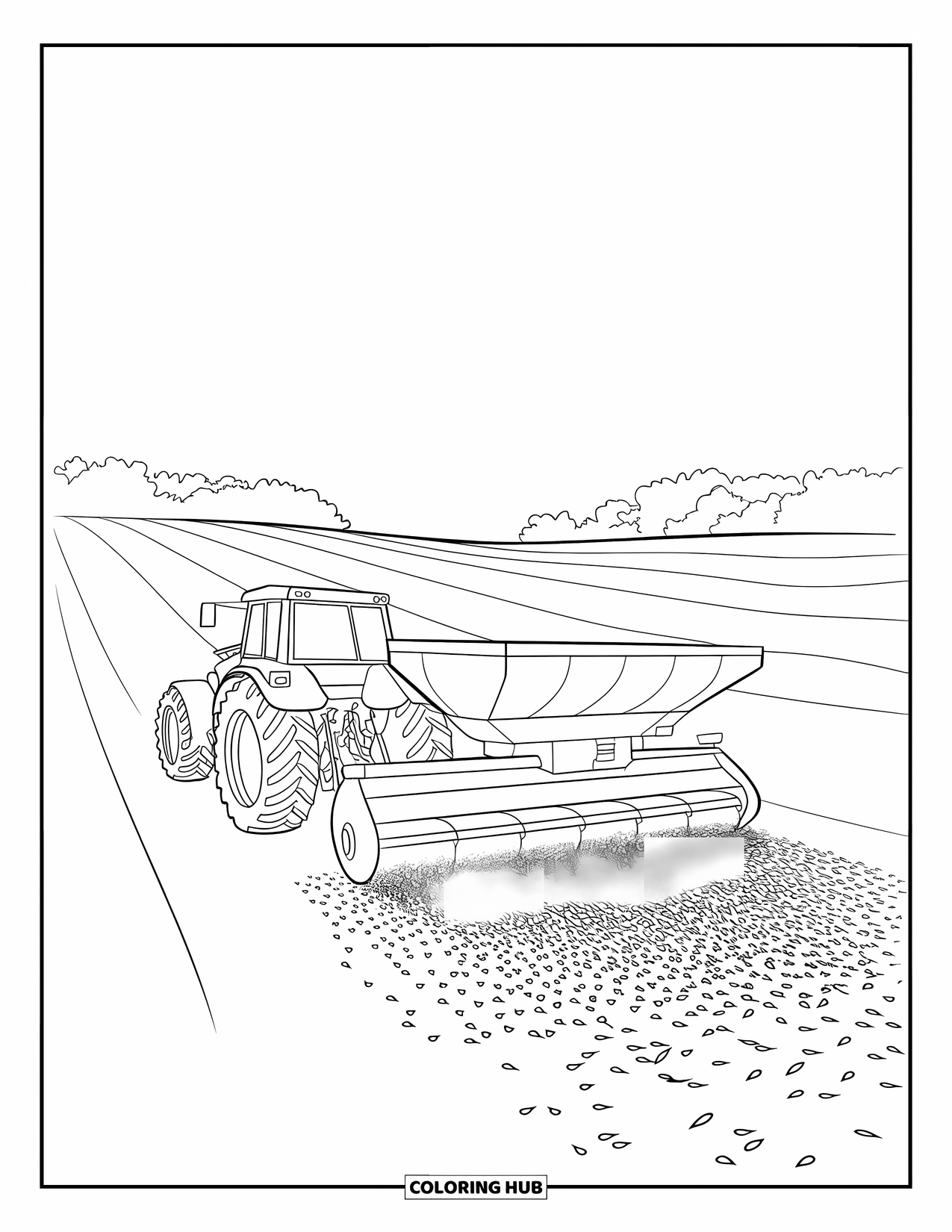 Dibujo de tractor para colorear para niños: Un tractor grande tira de un esparcidor con semillas que caen sobre colinas y árboles