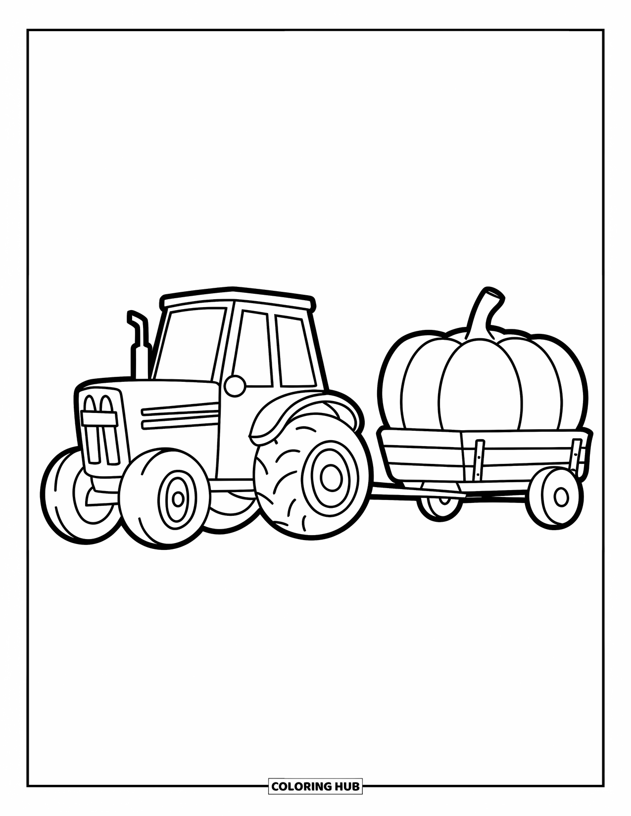 Dibujo de tractor para colorear para niños: Un tractor de dibujos animados tira de un vagón que transporta una gran calabaza a través de un campo