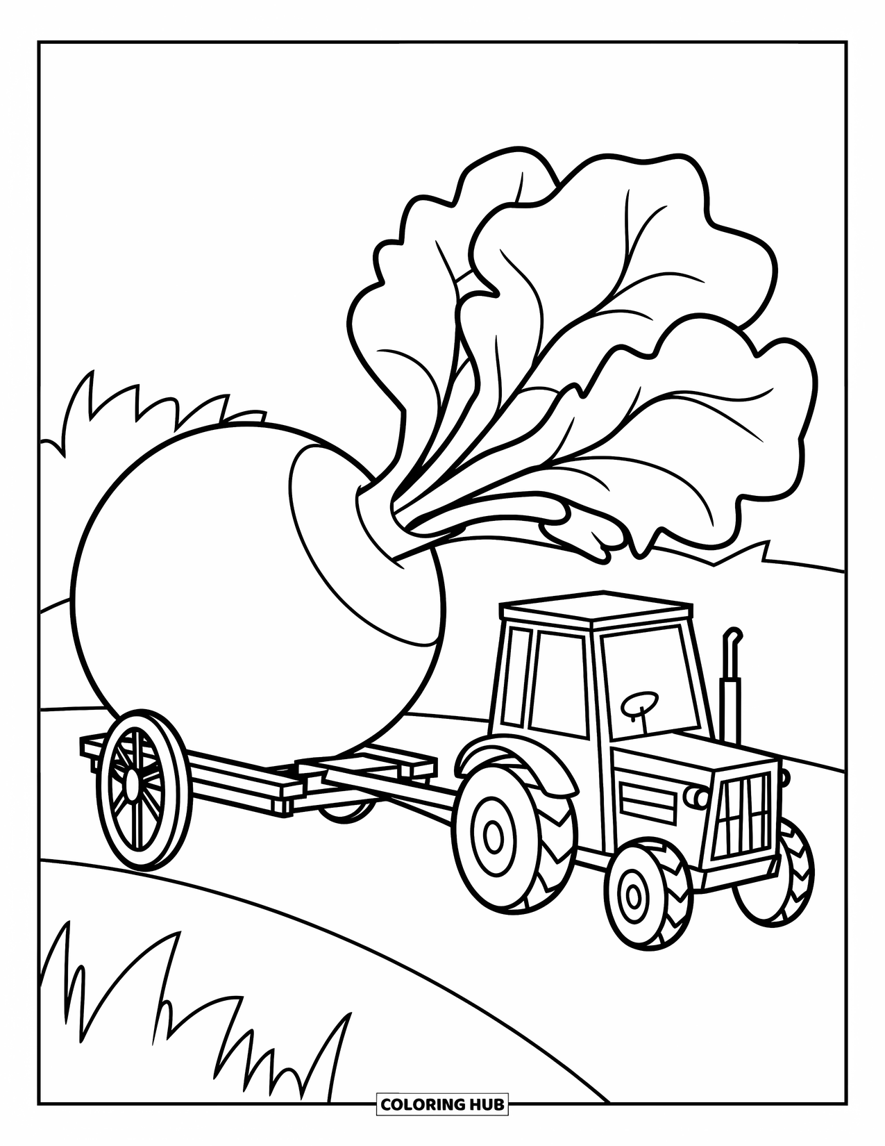 Dibujo de tractor para colorear para niños: Un tractor alegre tira de un carro que transporta un gran nabo con tallos frondosos