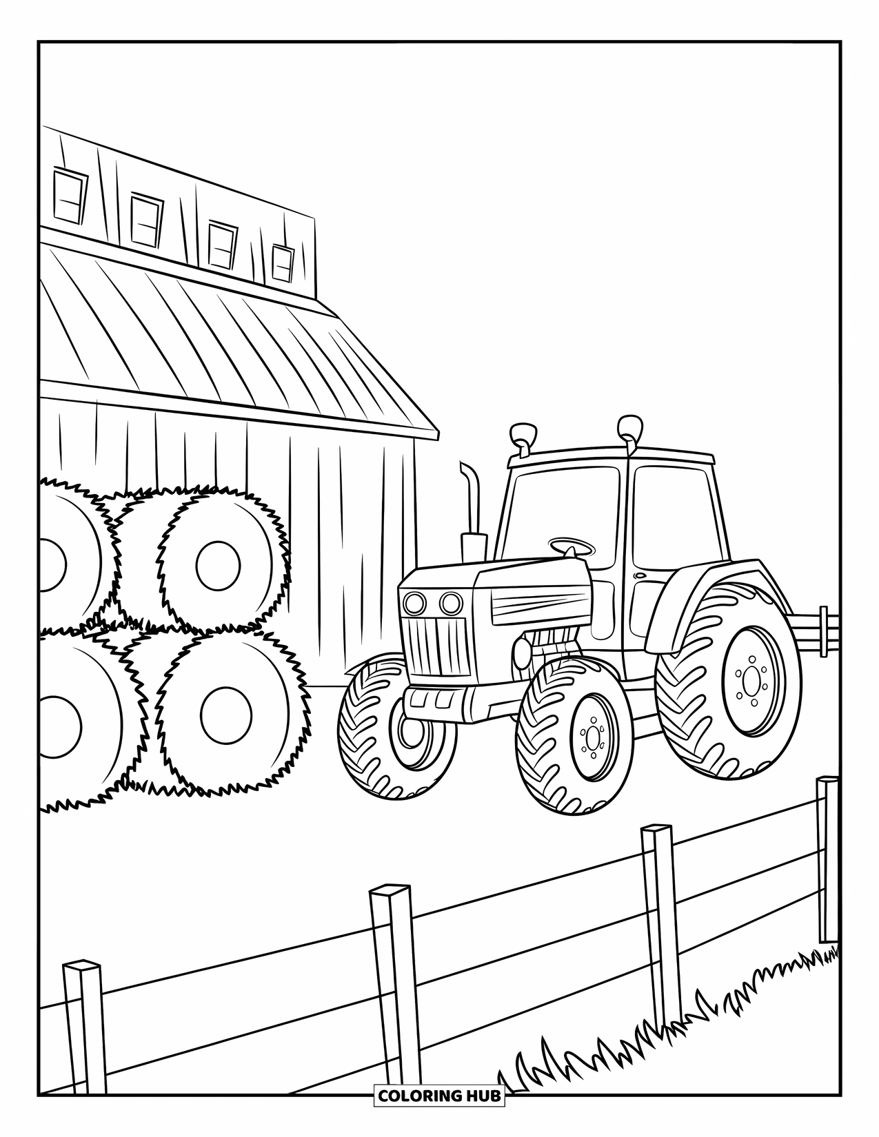 Dibujo de tractor para colorear para niños: Un tractor alegre descansa junto a un granero con balas de heno y postes de cerca de madera