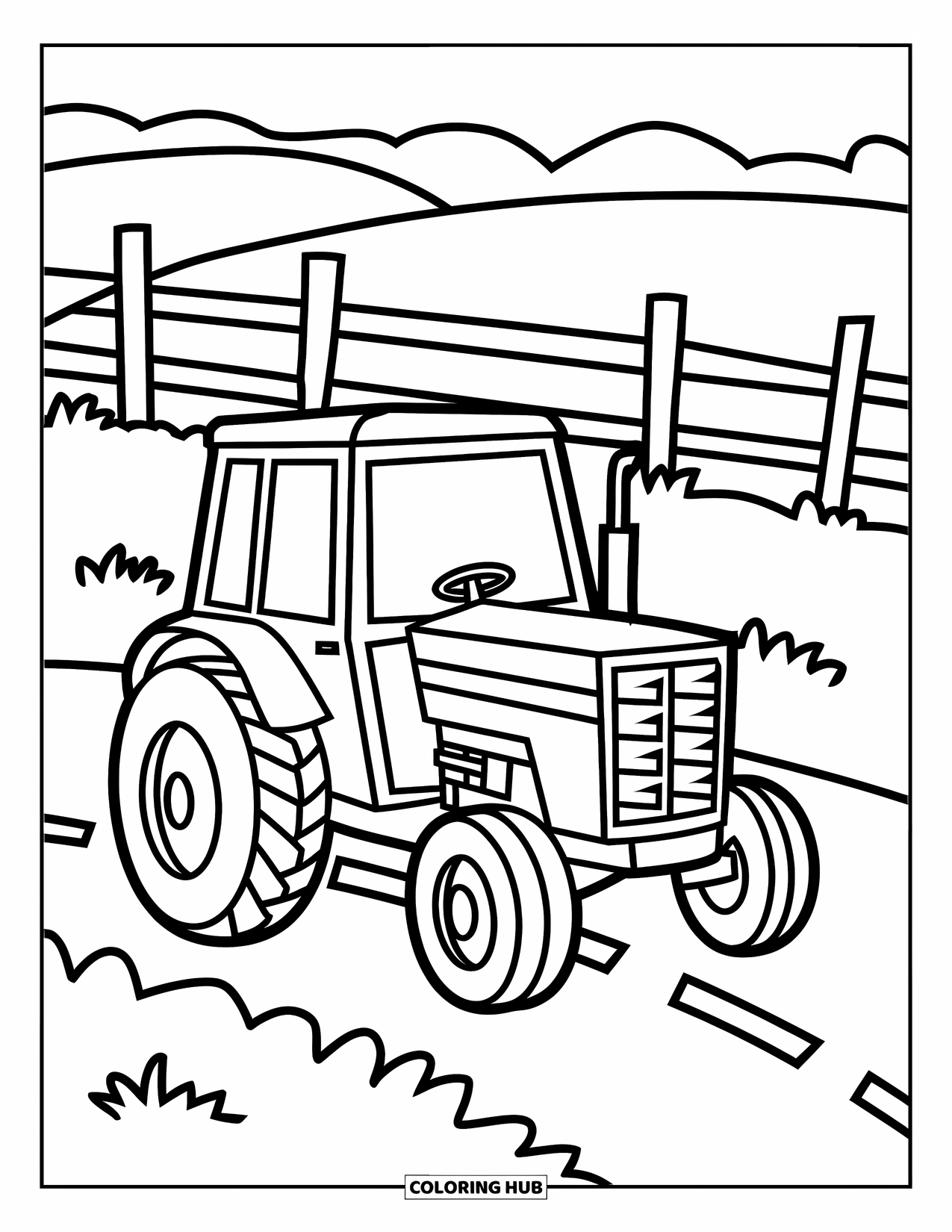 Dibujo de tractor para colorear para niños: Un tractor alegre recorre un camino de granja con una cerca y tres postes cerca
