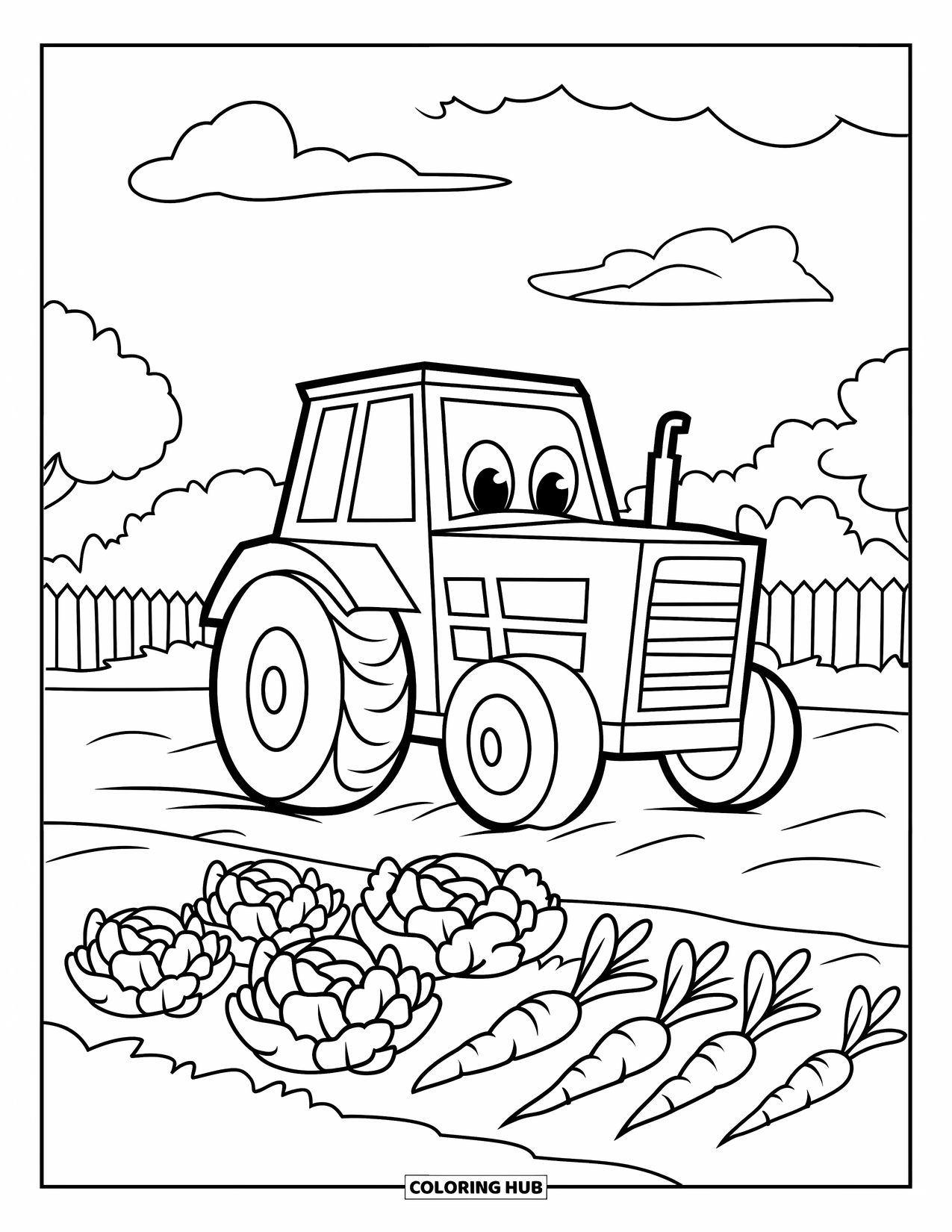 Dibujo de tractor para colorear para niños: Un tractor alegre con una rueda grande se encuentra junto a un jardín con una cerca de madera