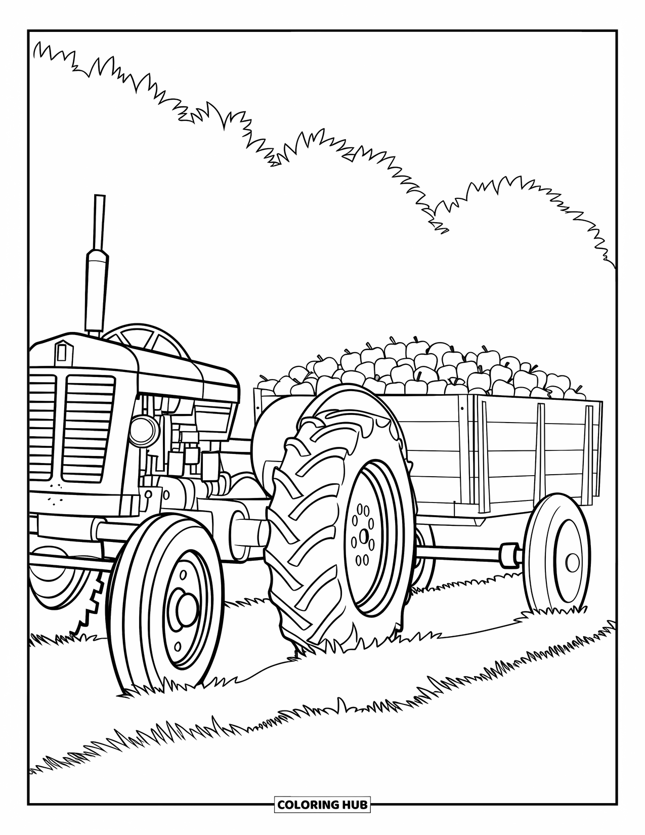 Dibujo de tractor para colorear para niños: Un tractor clásico remolca un vagón lleno de manzanas a través de un campo
