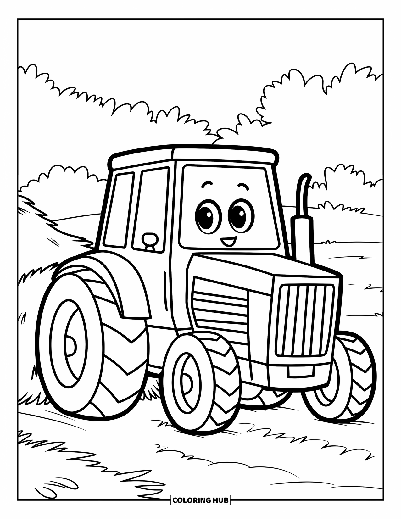 Dibujo de tractor para colorear para niños: Un tractor lindo con ruedas grandes se sienta junto a una pequeña pila de heno en un campo
