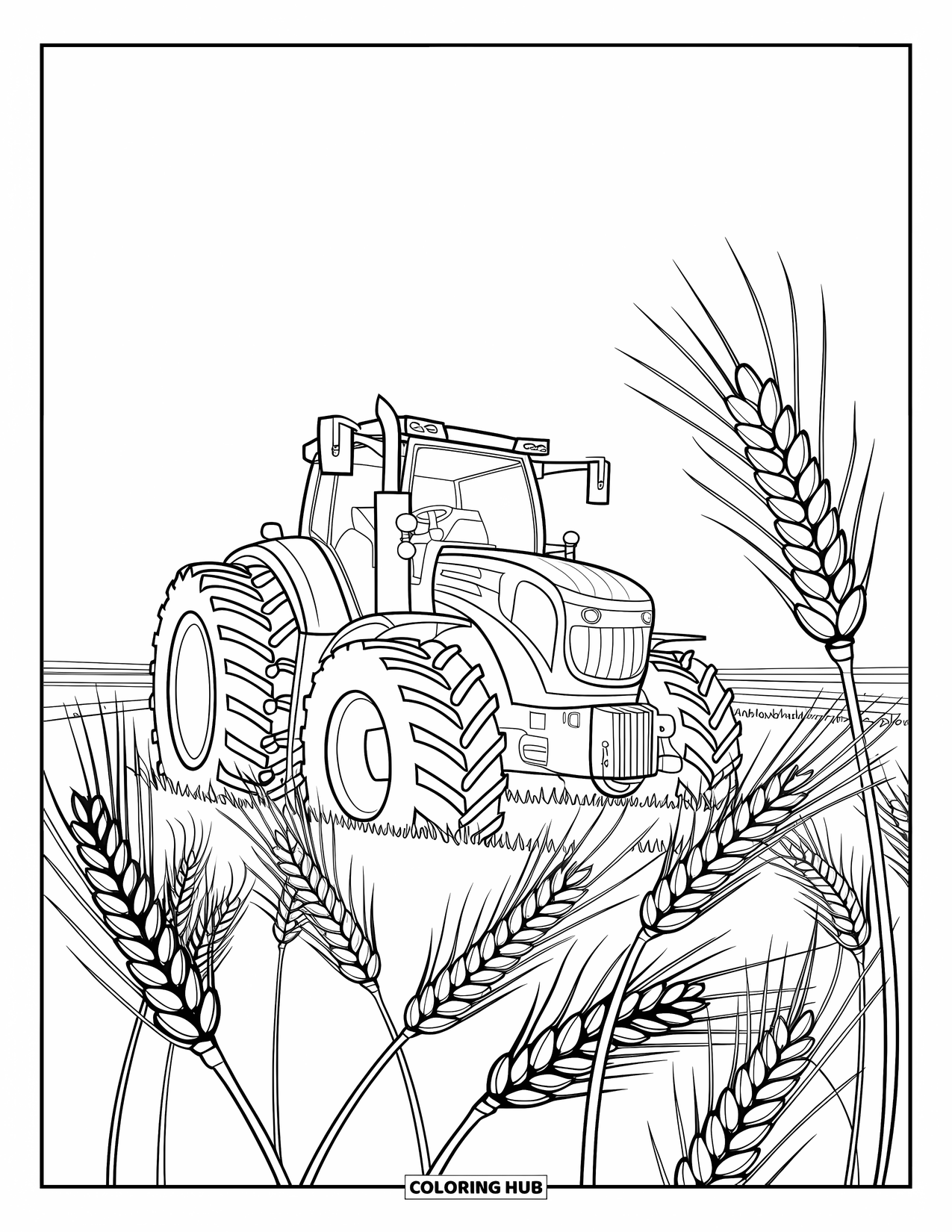 Dibujo de tractor para colorear para niños: Un tractor detallado se coloca en un campo de trigo con diseños de tallos dinámicos y fluidos