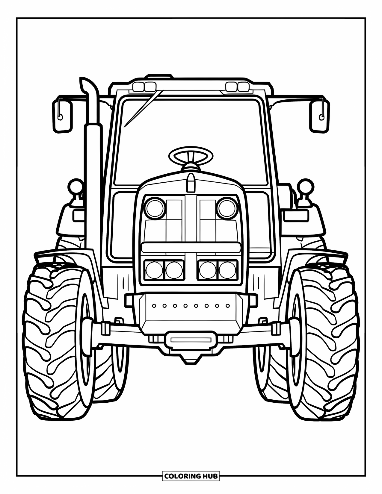 Dibujo de tractor para colorear para niños: Un tractor frontal muestra grandes faros y detalles de las ruedas