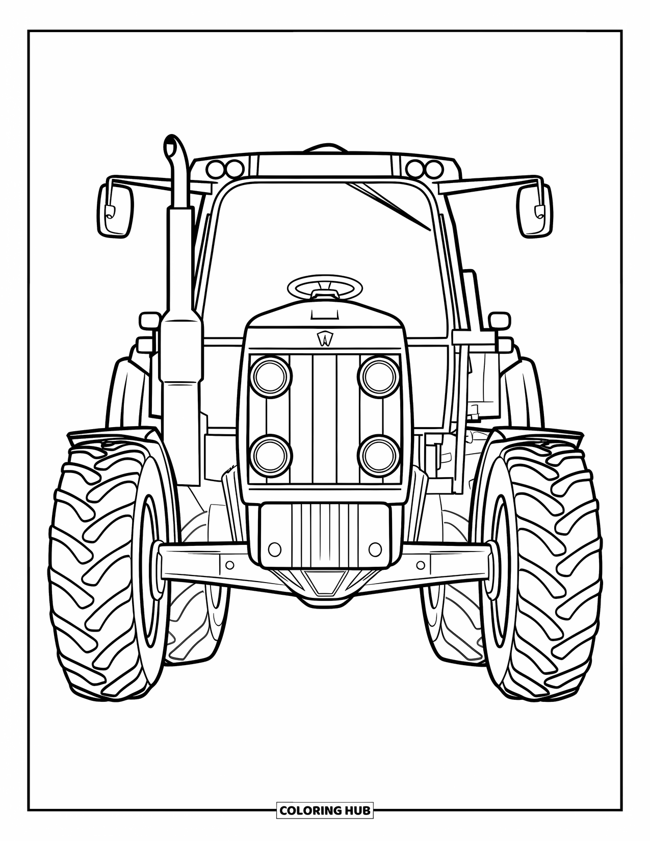 Dibujo de tractor para colorear para niños: Un tractor de vista frontal muestra faros y radios de rueda detallados