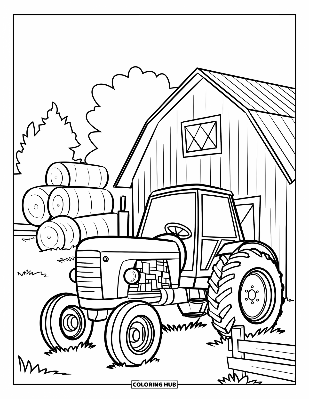 Dibujo de tractor para colorear para niños: Un tractor sonriente está estacionado junto a un granero con balas de heno y una cerca de madera