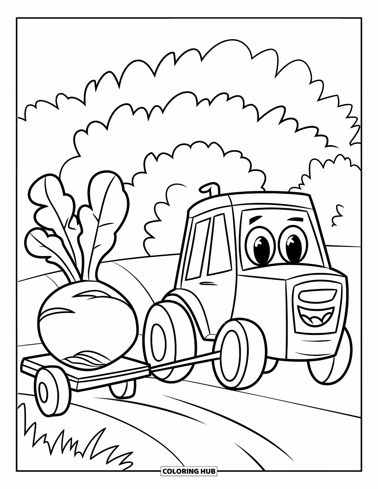 Dibujo de tractor para colorear para niños: Un tractor feliz tira de un gran nabo en un carro a través de un campo