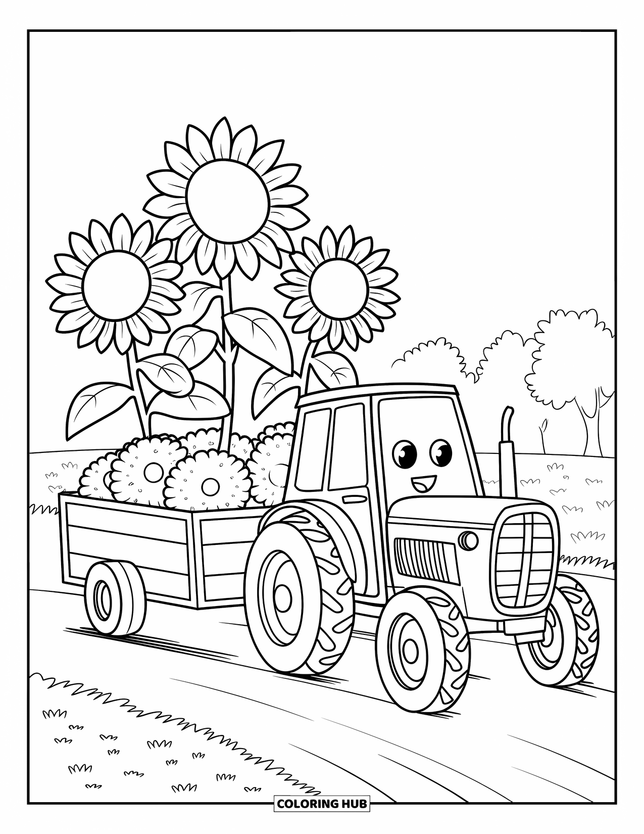 Dibujo de tractor para colorear para niños: Un tractor feliz tira de un remolque lleno de altos girasoles con árboles al fondo