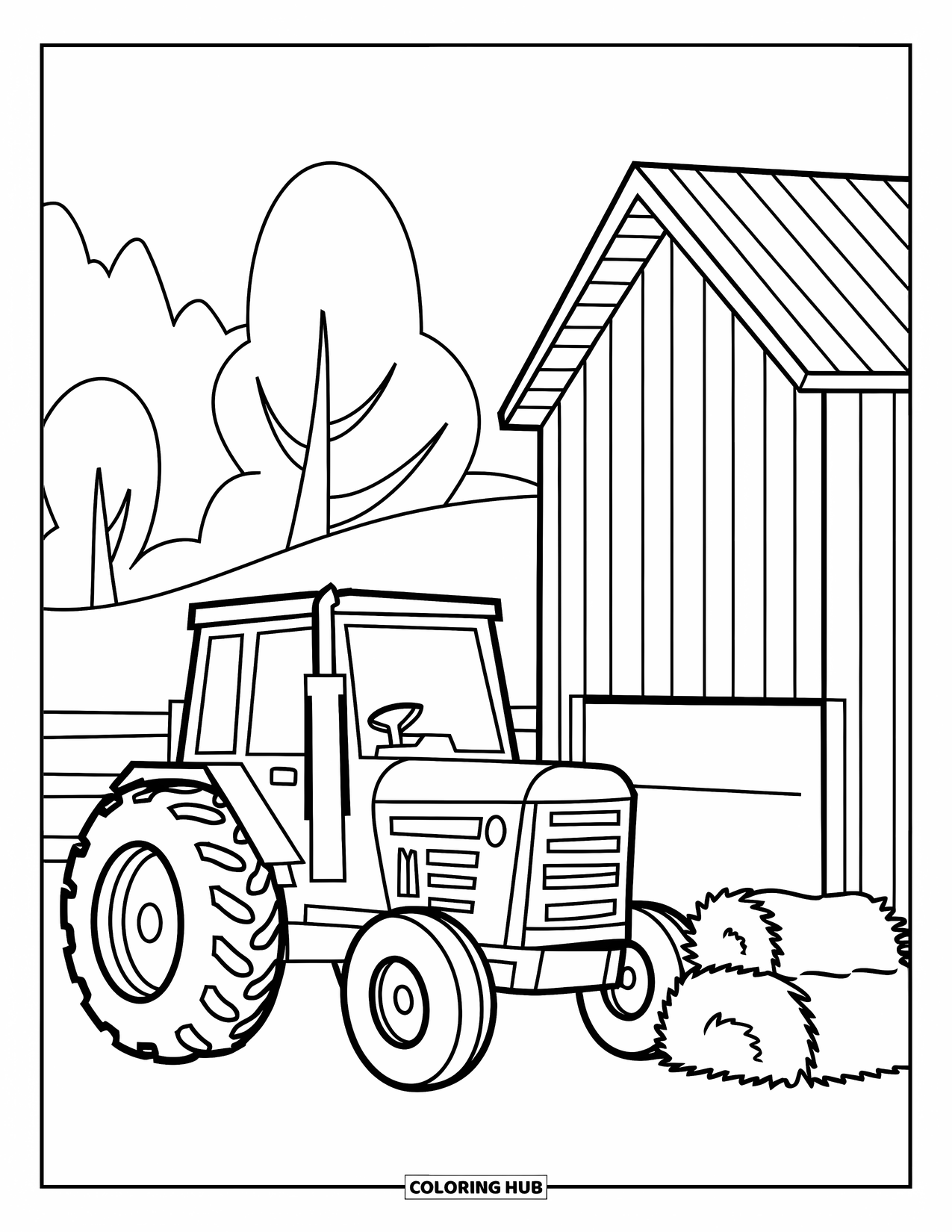 Dibujo de tractor para colorear para niños: Un tractor feliz se sienta cerca de un granero con balas de heno y líneas de cerca simples