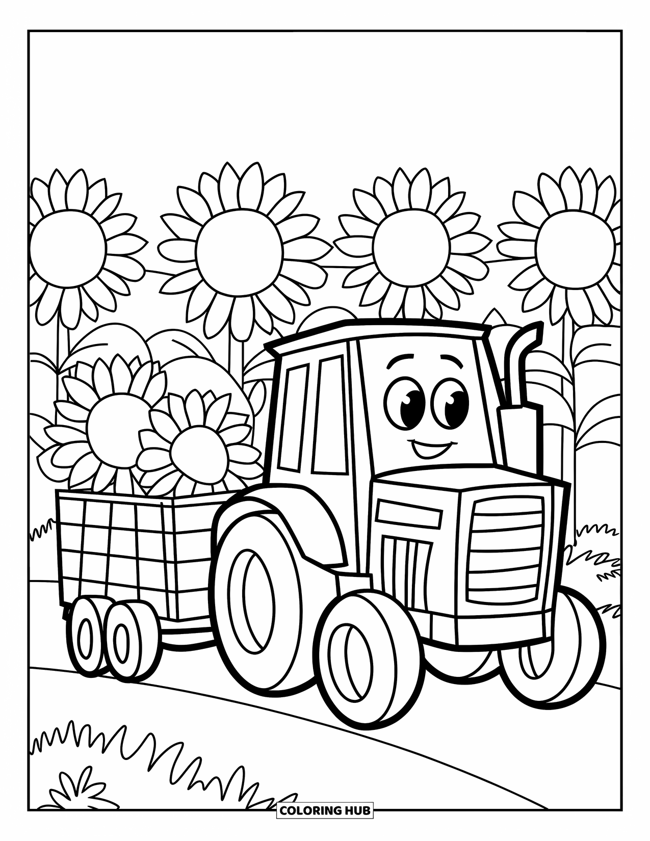 Dibujo de tractor para colorear para niños: Un tractor feliz remolca un remolque lleno de grandes girasoles en un campo