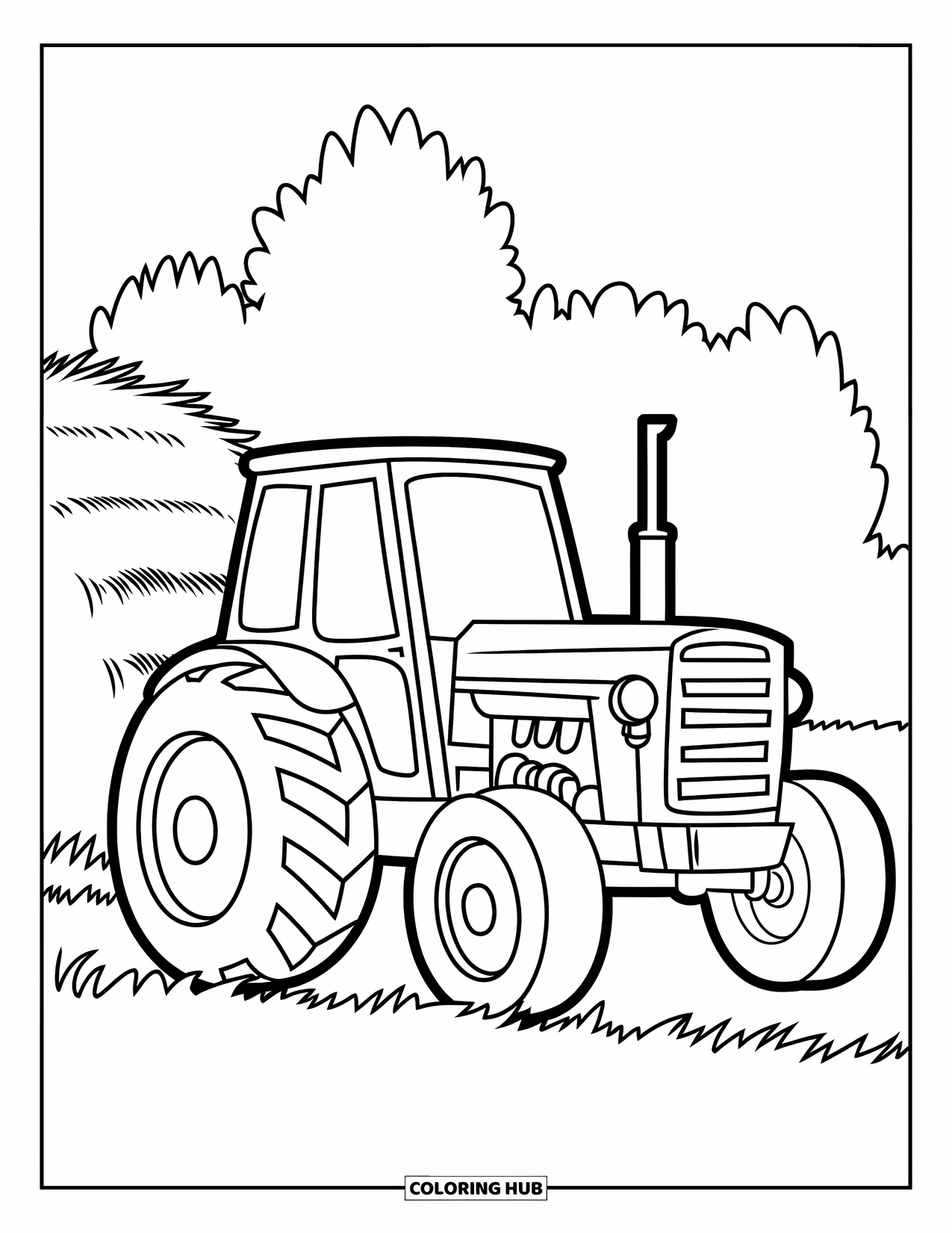 Dibujo de tractor para colorear para niños: Un tractor feliz con ruedas grandes descansa junto a una pequeña pila de heno en un campo