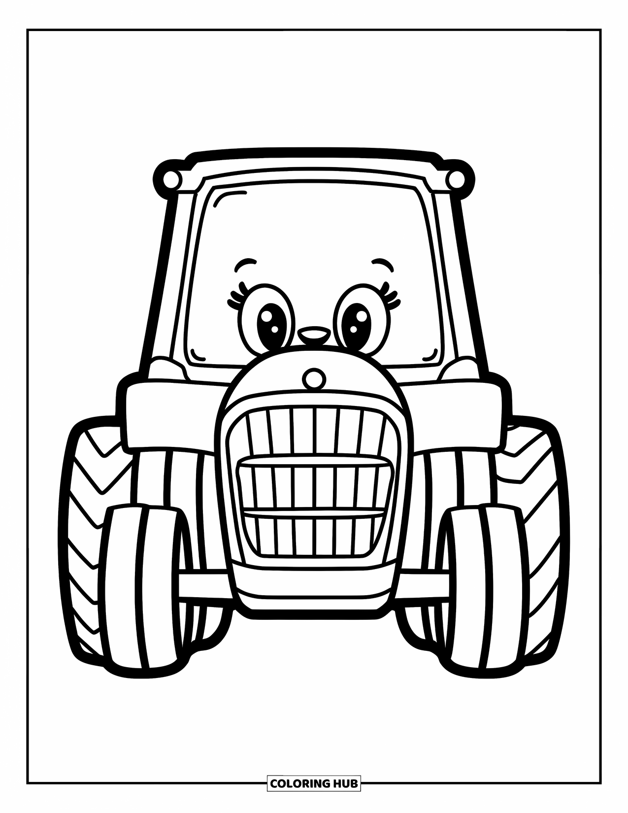 Dibujo de tractor para colorear para niños: Un tractor feliz con neumáticos grandes mira hacia adelante con una sensación juguetona y amigable