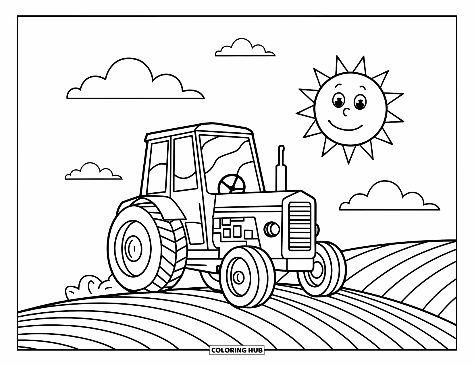Dibujo de tractor para colorear para niños: Un tractor feliz con ruedas redondas sube una colina con un sol sonriente en lo alto
