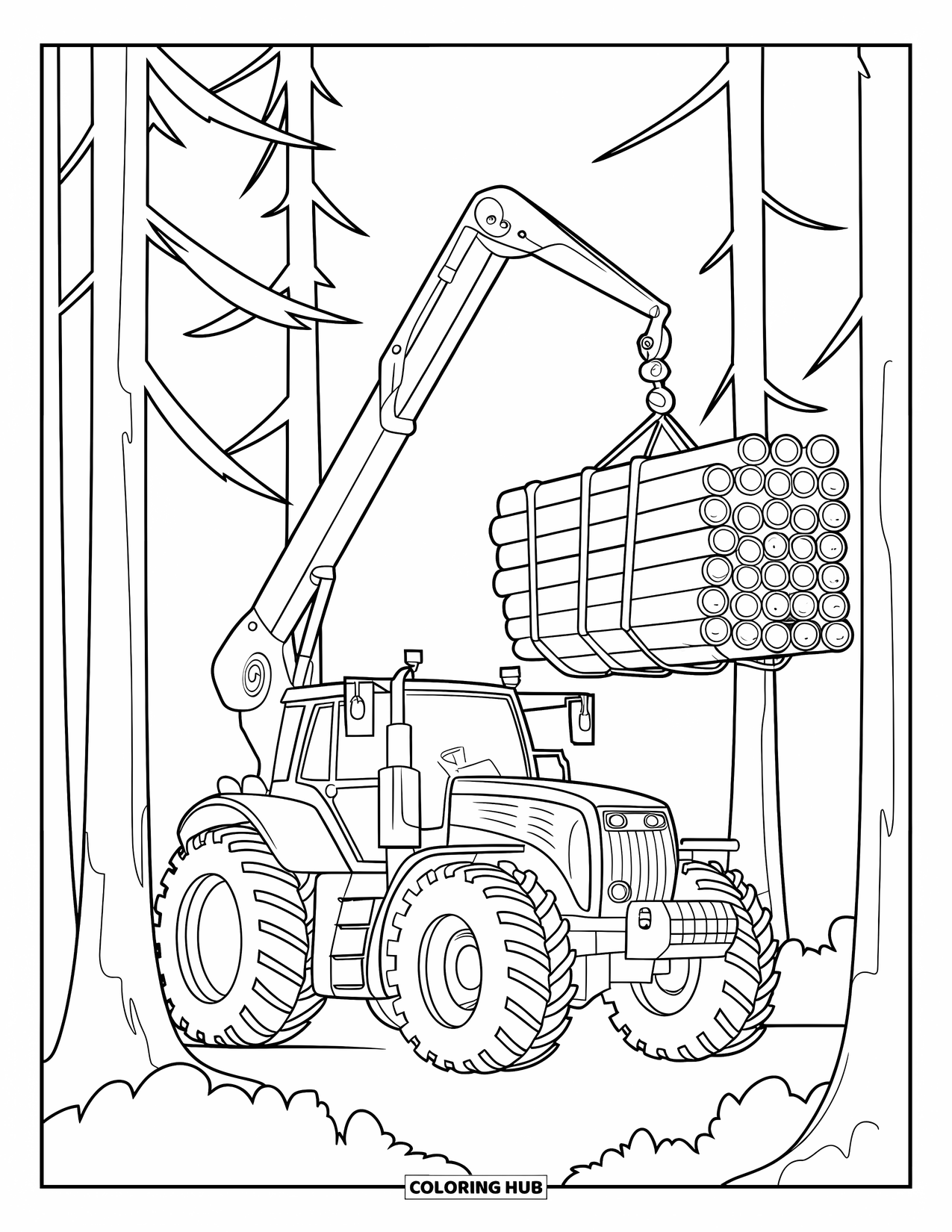 Dibujo de tractor para colorear para niños: Un tractor de alta resistencia levanta troncos en alto entre árboles altos en el bosque