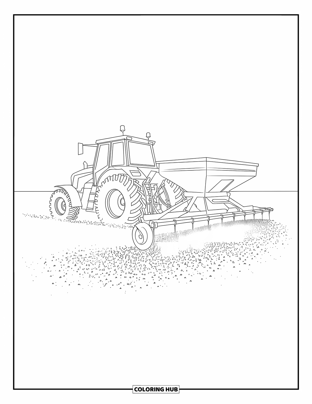 Dibujo de tractor para colorear para niños: Un tractor grande tira de un esparcidor mientras las semillas caen sobre el campo de abajo