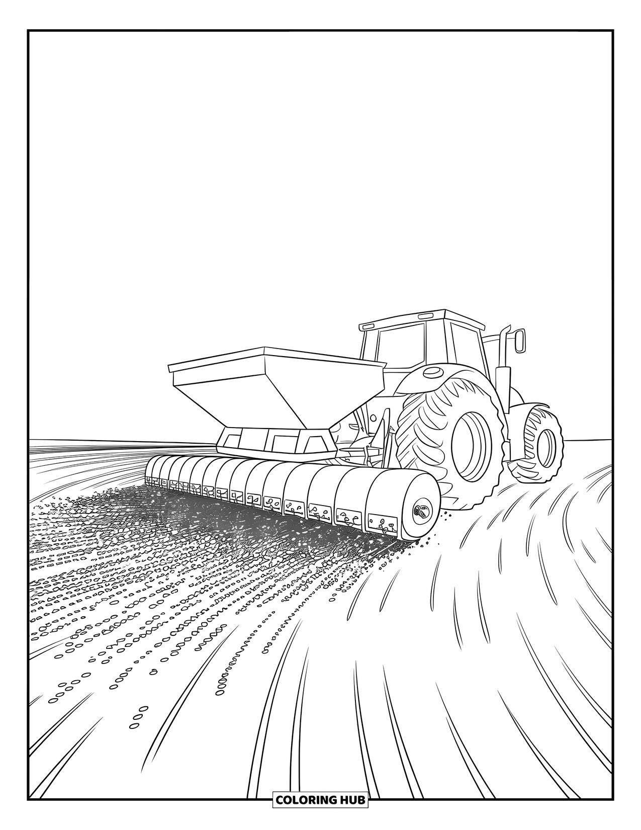 Dibujo de tractor para colorear para niños: Un tractor grande esparce semillas en un patrón arremolinado a través de un campo amplio