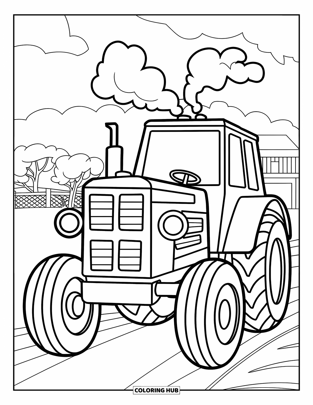 Dibujo de tractor para colorear para niños: Un tractor grande con faros redondos y bocanadas de vapor se encuentra cerca de una granja y árboles