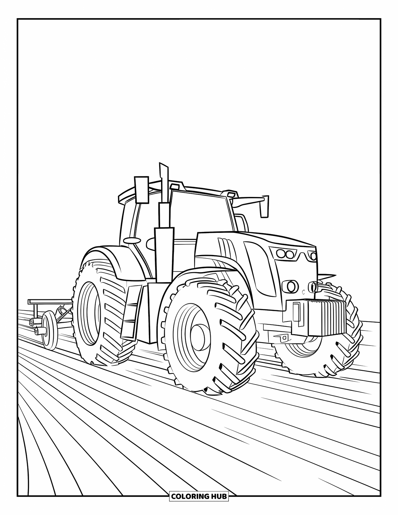 Dibujo de tractor para colorear para niños: Un tractor moderno conduce a través de un campo recién arado con líneas paralelas