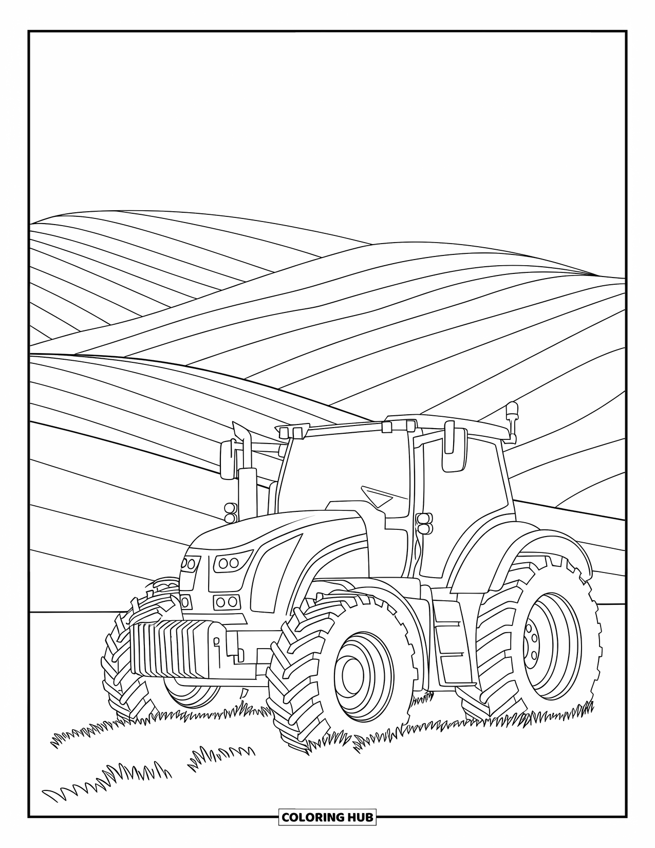 Dibujo de tractor para colorear para niños: Un tractor moderno está situado en colinas onduladas con un cielo despejado y abierto