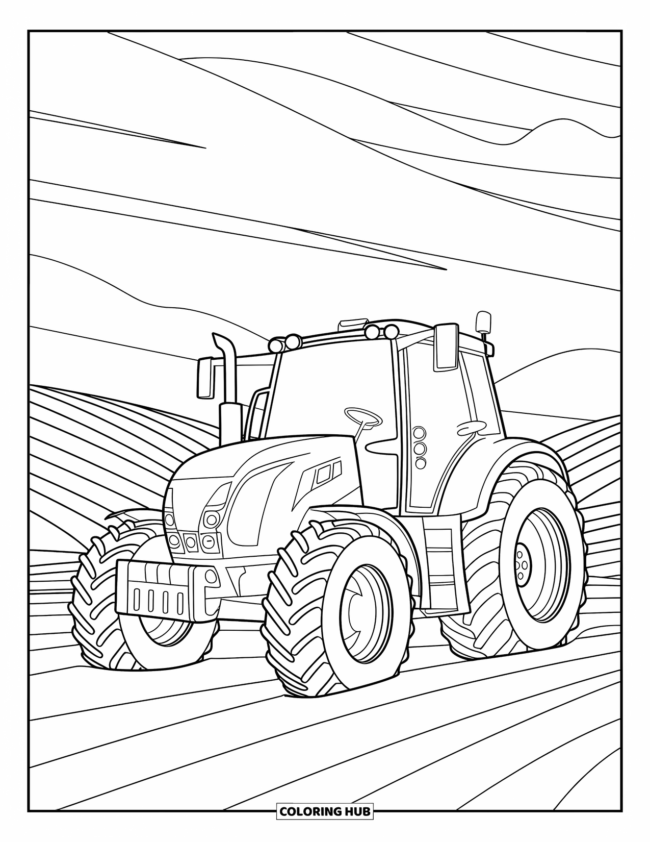 Dibujo de tractor para colorear para niños: Un tractor moderno se encuentra en un campo de colinas onduladas bajo un cielo despejado