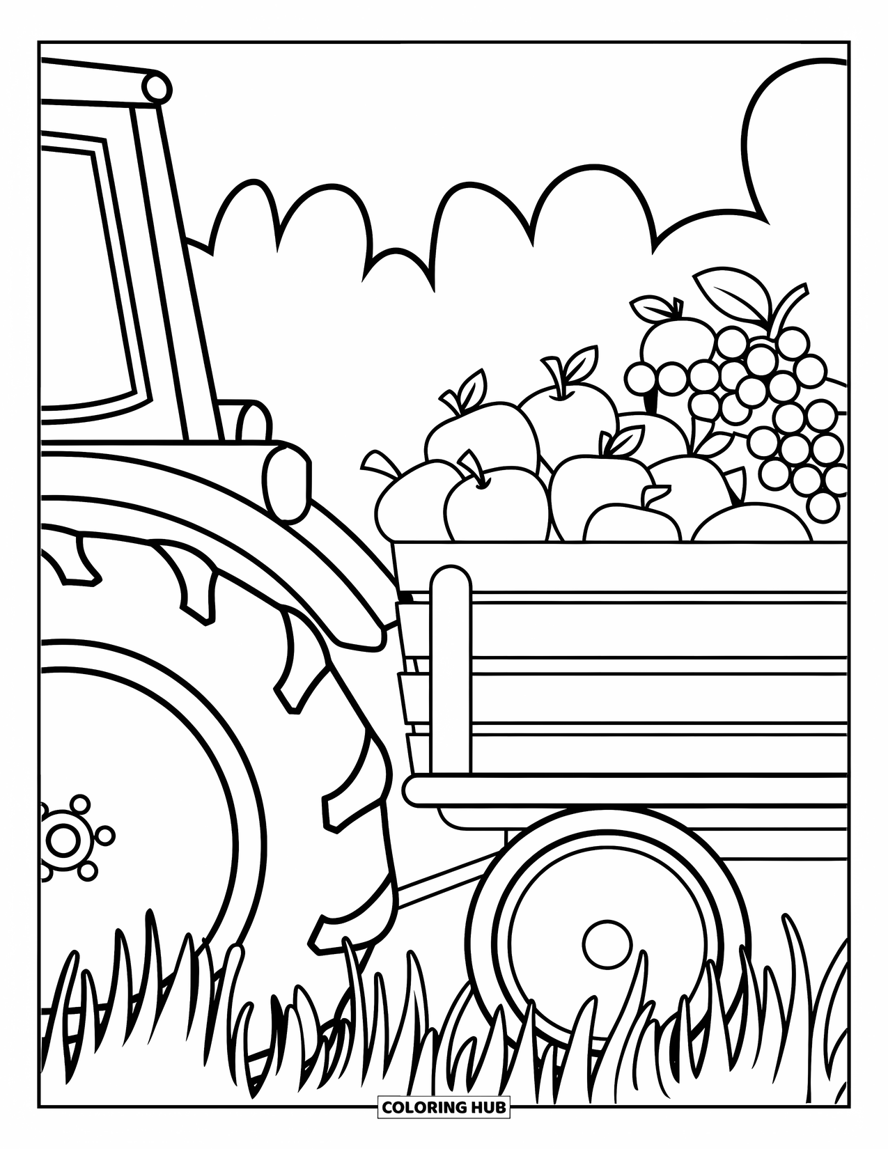 Dibujo de tractor para colorear para niños: Un tractor de vista lateral tira de un vagón lleno de manzanas, naranjas y uvas en un campo
