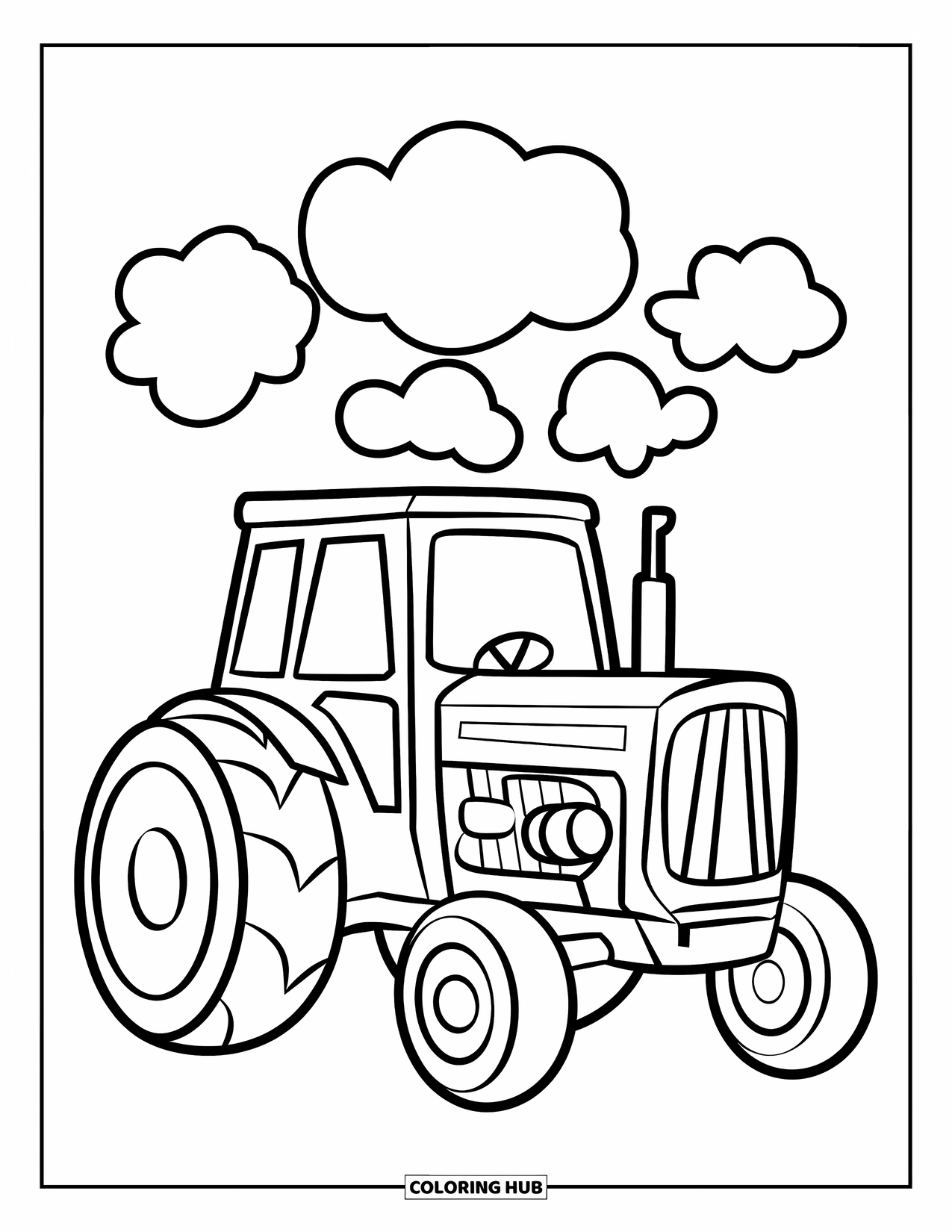 Dibujo de tractor para colorear para niños: Un tractor de vista lateral con un diseño de motor claro tiene bocanadas de humo arriba