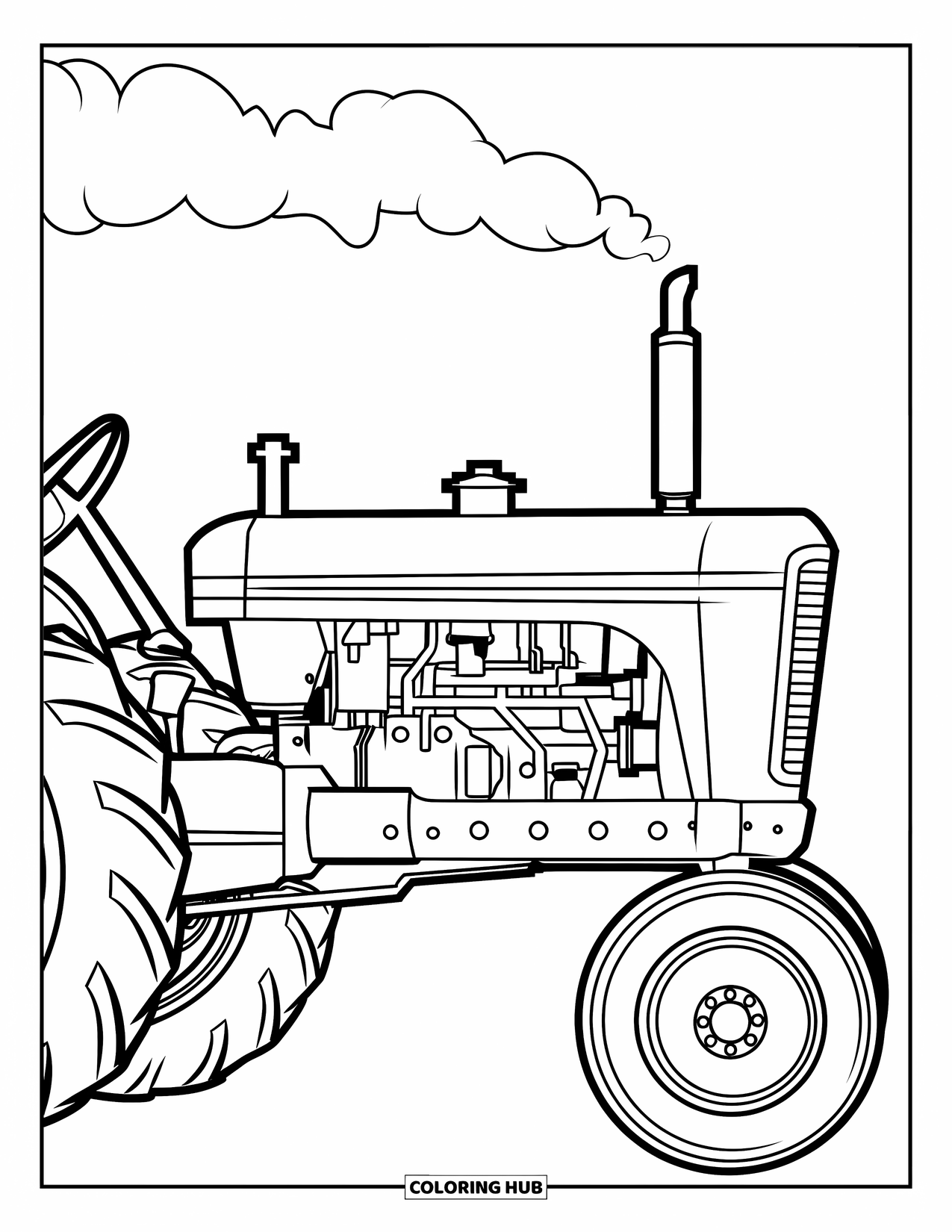 Dibujo de tractor para colorear para niños: Un tractor de vista lateral con un motor visible echa humo por la chimenea