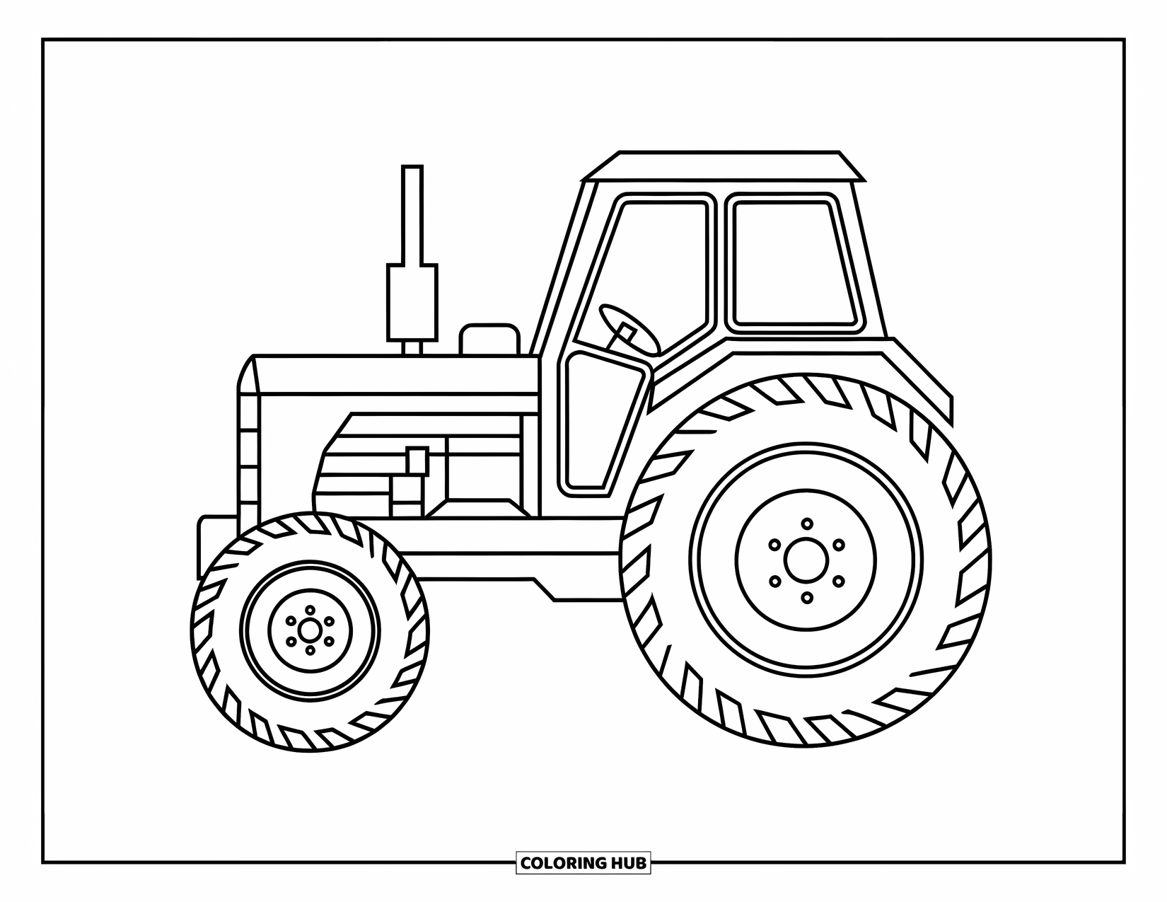 Dibujo de tractor para colorear para niños: Un tractor de vista lateral con ruedas redondas y pernos descansa tranquilamente